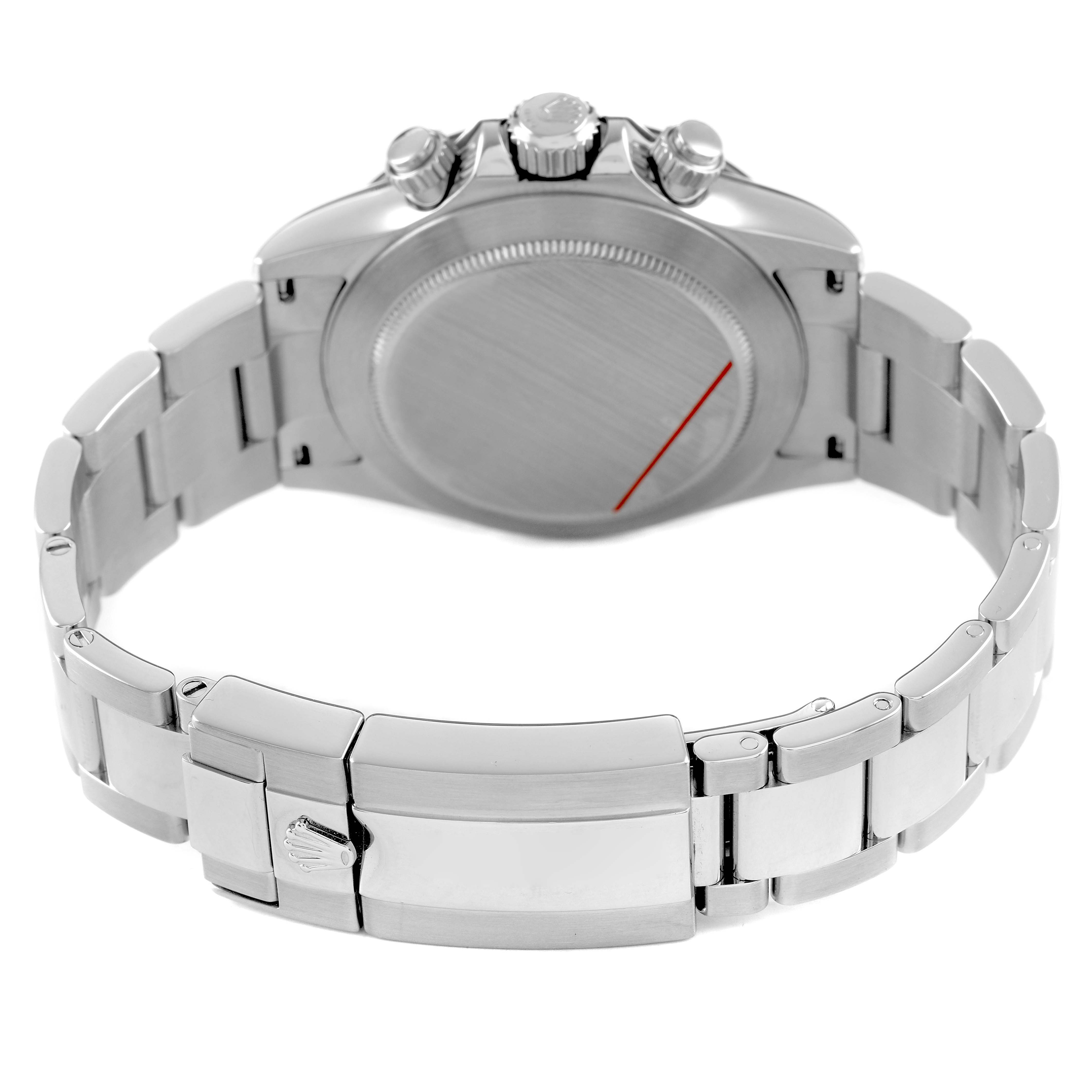 The image shows the back view of a Rolex Daytona 116500LN Men's Stainless Steel White Dial, featuring the case back, bracelet, and clasp.