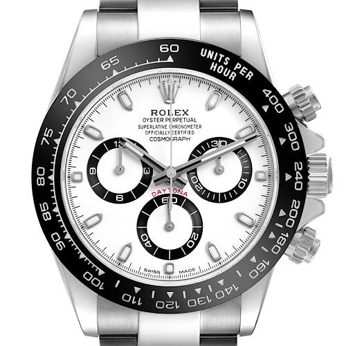 The Rolex Daytona 116500LN Men's Stainless Steel White Dial watch is shown from the front, highlighting the dial, bezel, and subdials.