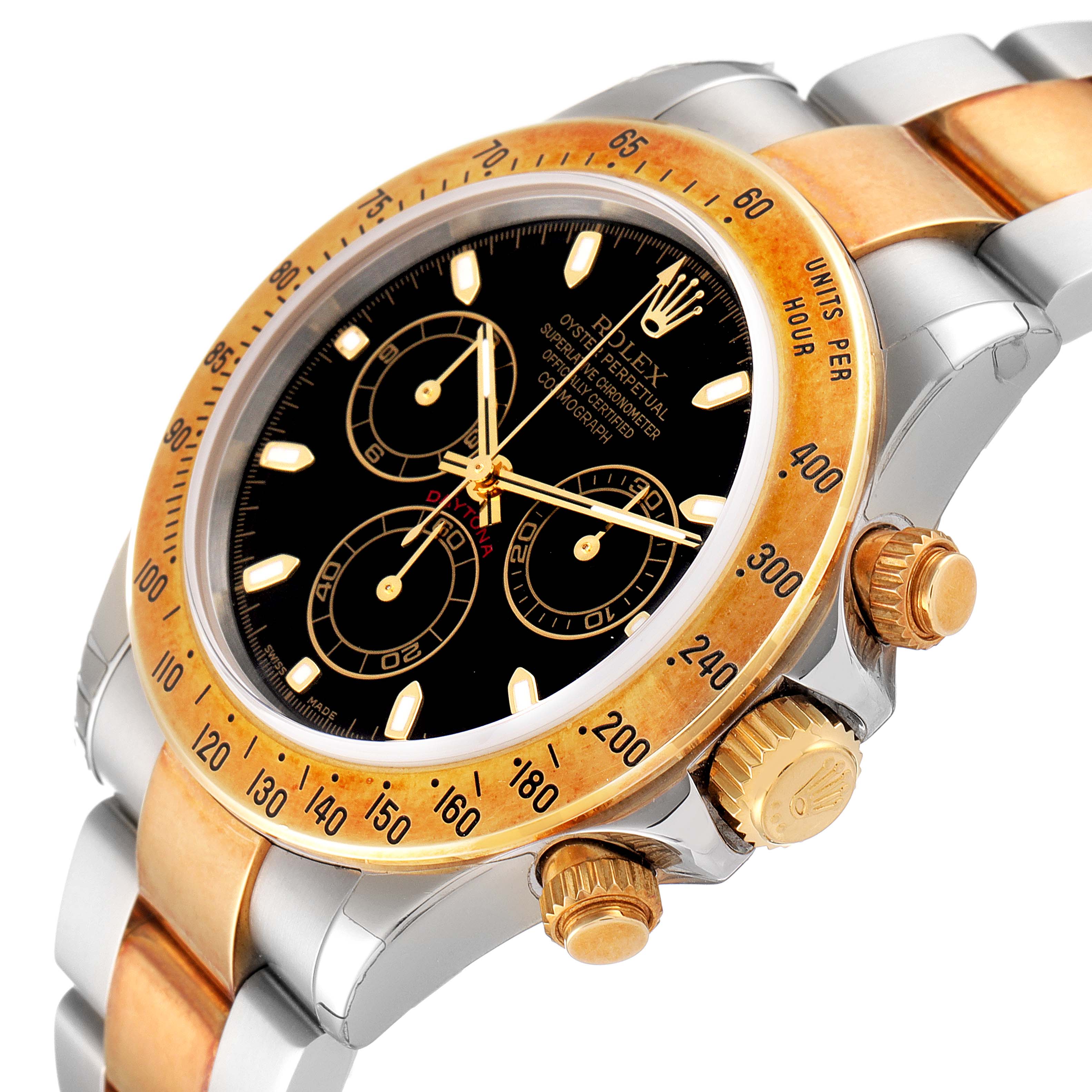 The image shows a close-up of the Rolex Daytona 116523 Men
s Steel and Gold (two tone) Black Dial 116523 Men
s Steel and Gold (two tone) Black Dial watch face, bezel, crown, and part of the bracelet at an angle.