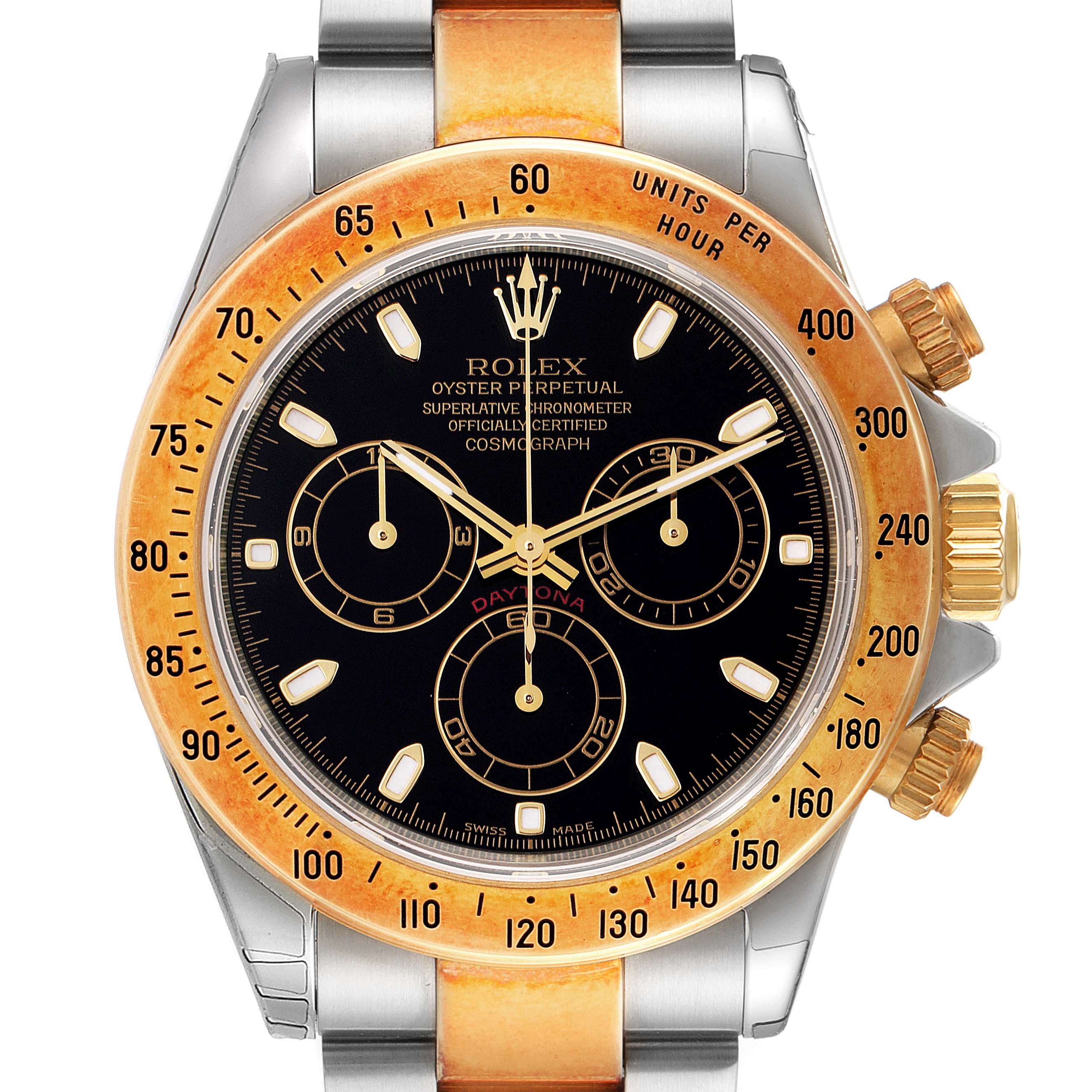 The image shows a front view of a Rolex Daytona 116523 Men
s Steel and Gold (two tone) Black Dial 116523 Men
s Steel and Gold (two tone) Black Dial watch, displaying its dial, bezel, and part of the bracelet.