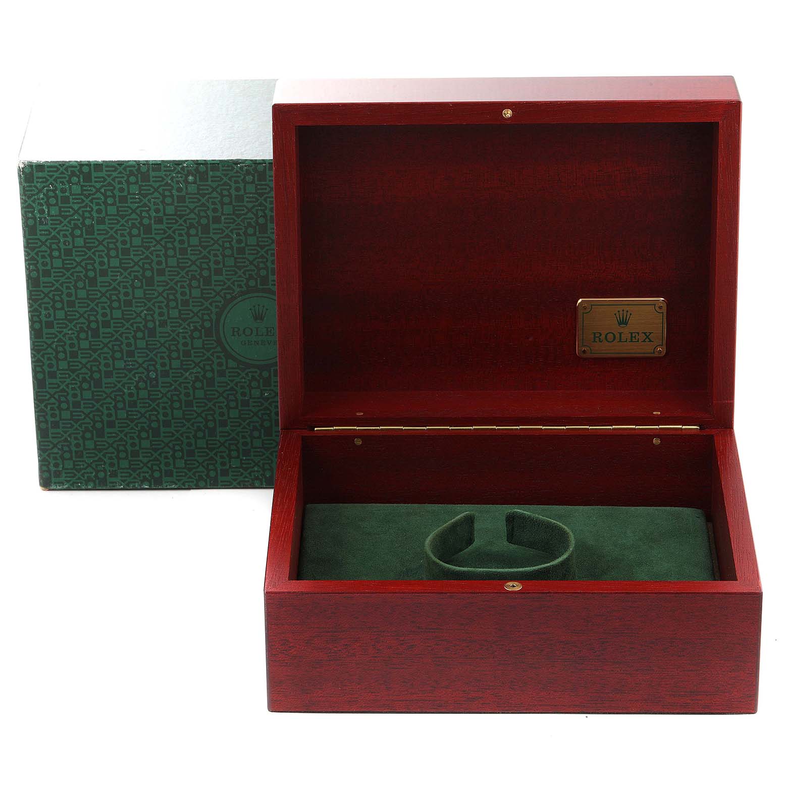 This image shows an open wooden box for the Rolex Daytona 116523 Men
s Steel and Gold (two tone) Black Dial 116523 Men
s Steel and Gold (two tone) Black Dial model, revealing the interior cushion and a green outer box.