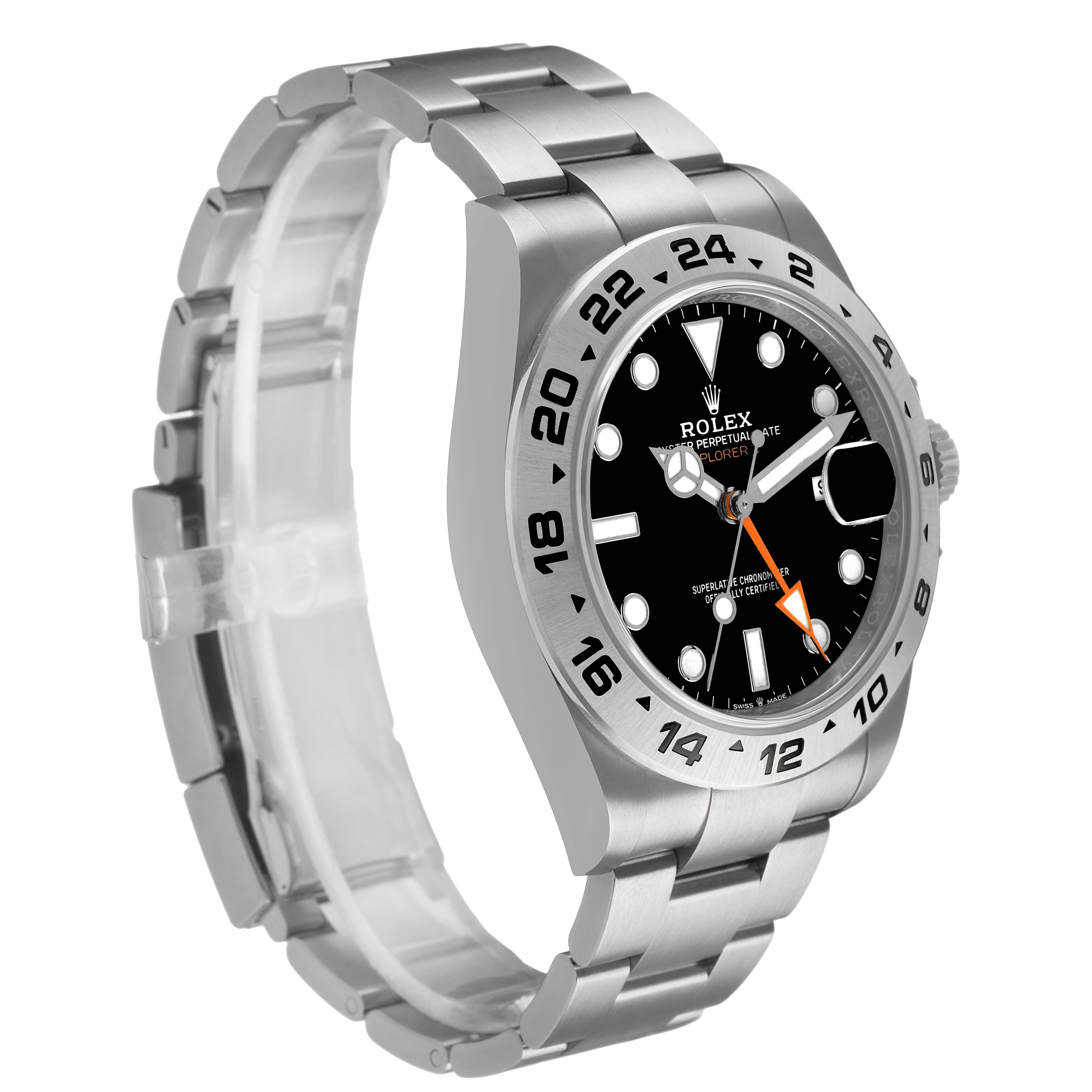 The Rolex Explorer 226570 Men's Stainless Steel Black Dial watch is shown from a front and slightly elevated angle, highlighting the bezel, dial, and bracelet.