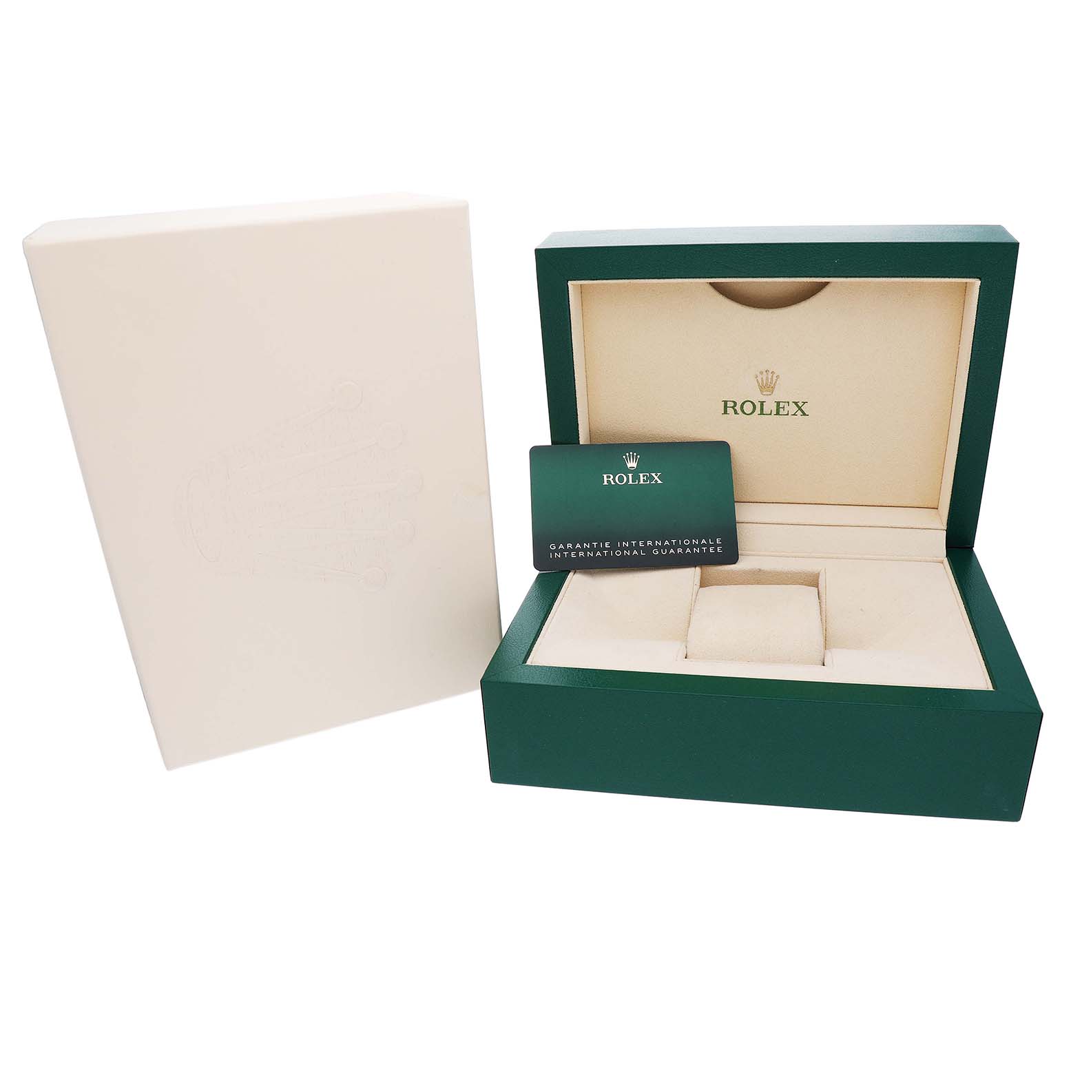 The image shows a Rolex Explorer 226570 Men's Stainless Steel Black Dial watch box and warranty card at a front angle.