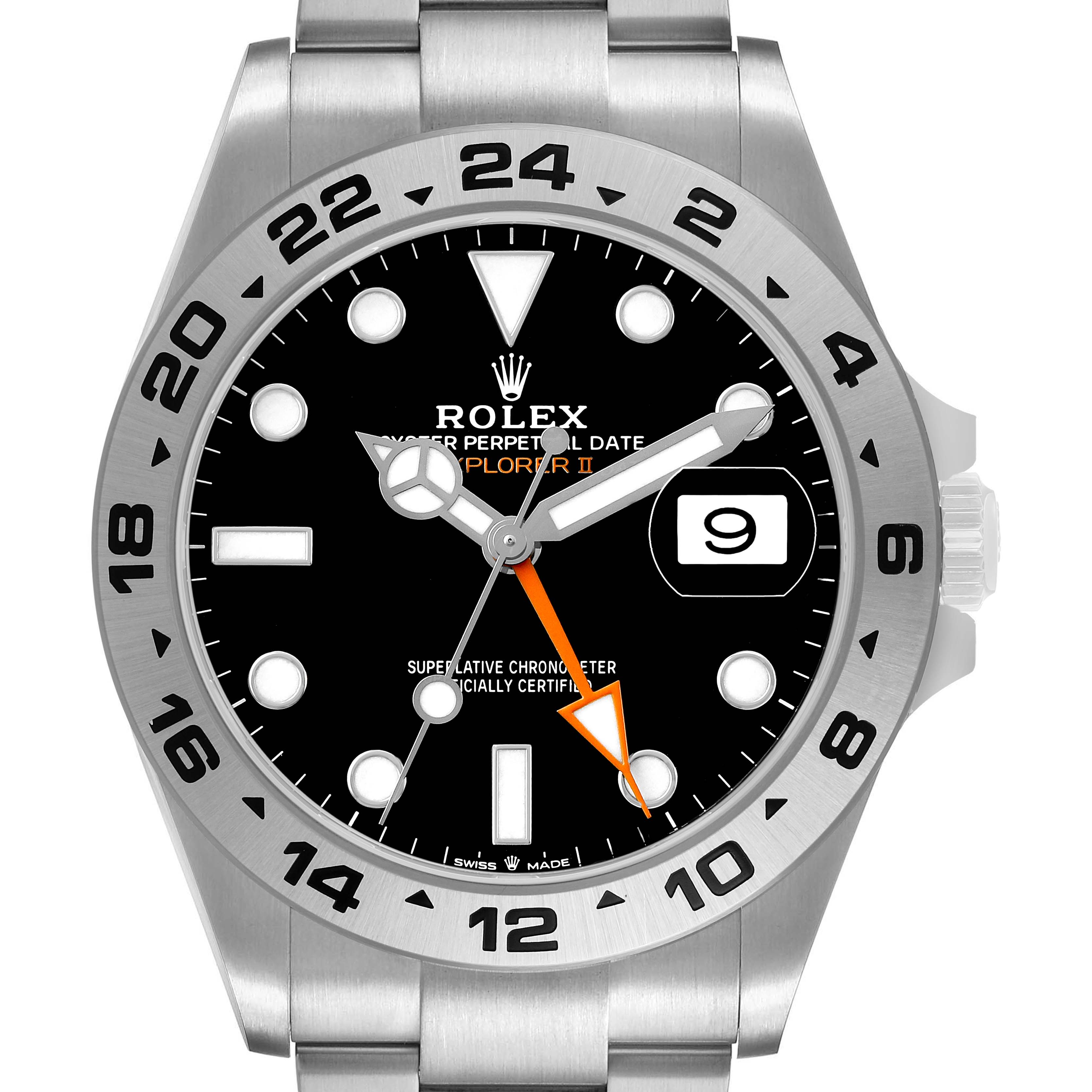 The Rolex Explorer 226570 Men's Stainless Steel Black Dial II watch is shown from a front angle, highlighting the dial, bezel, bracelet, and crown.