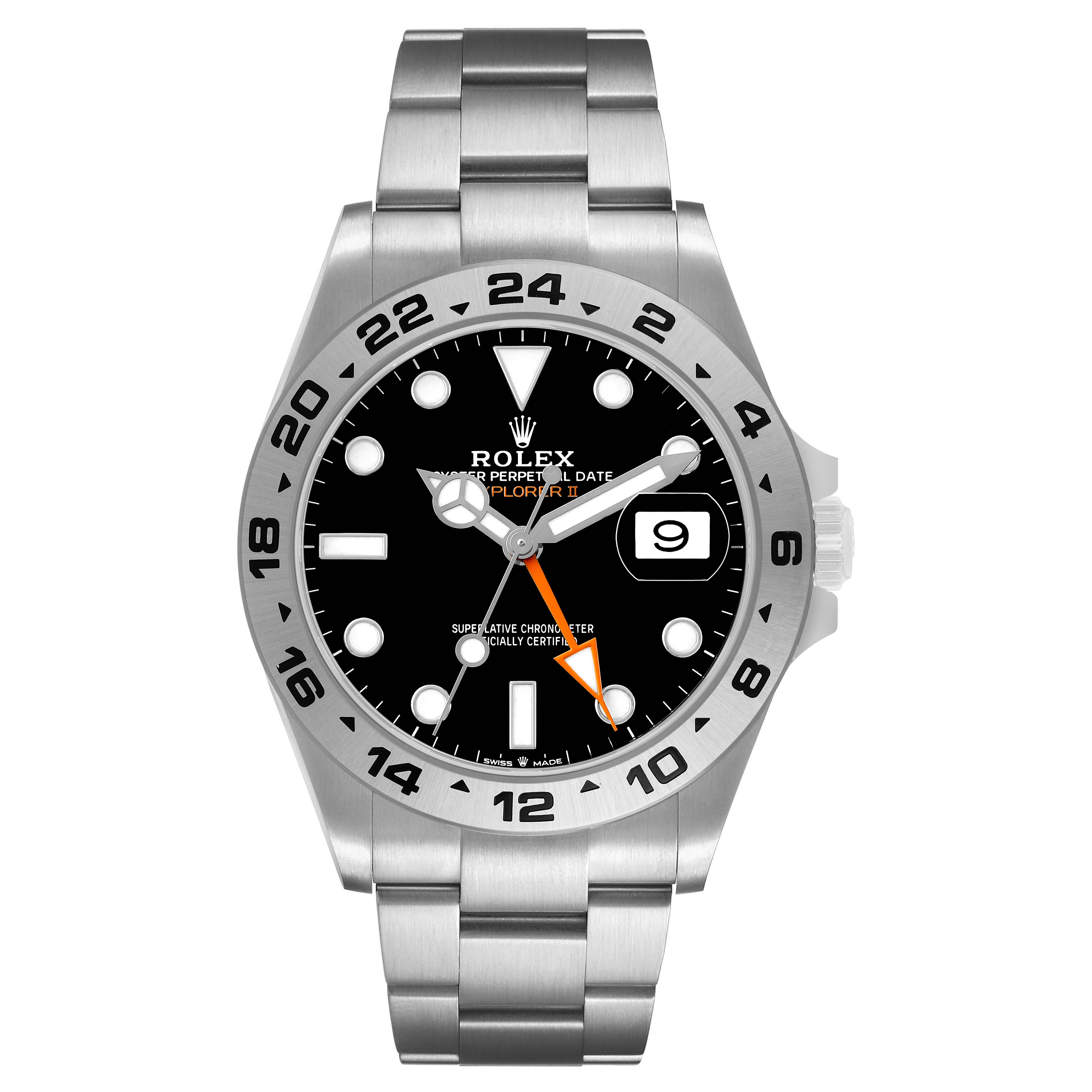 The Rolex Explorer 226570 Men's Stainless Steel Black Dial model is shown from the front, displaying the dial, hands, bezel, and bracelet.