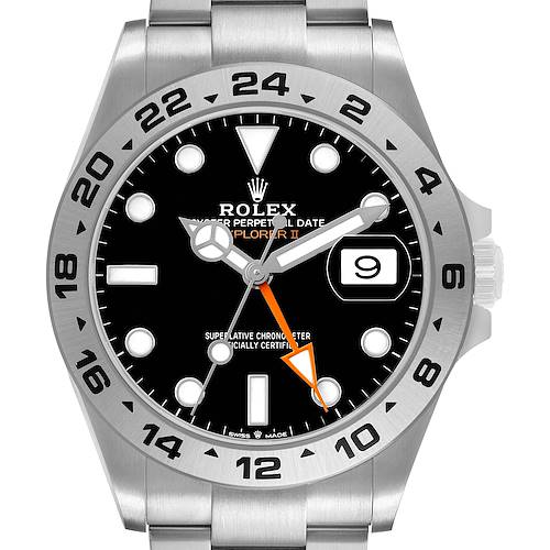 The image shows a frontal view of the Rolex Explorer 226570 Men's Stainless Steel Black Dial II, highlighting the dial, hands, bezel, and bracelet.