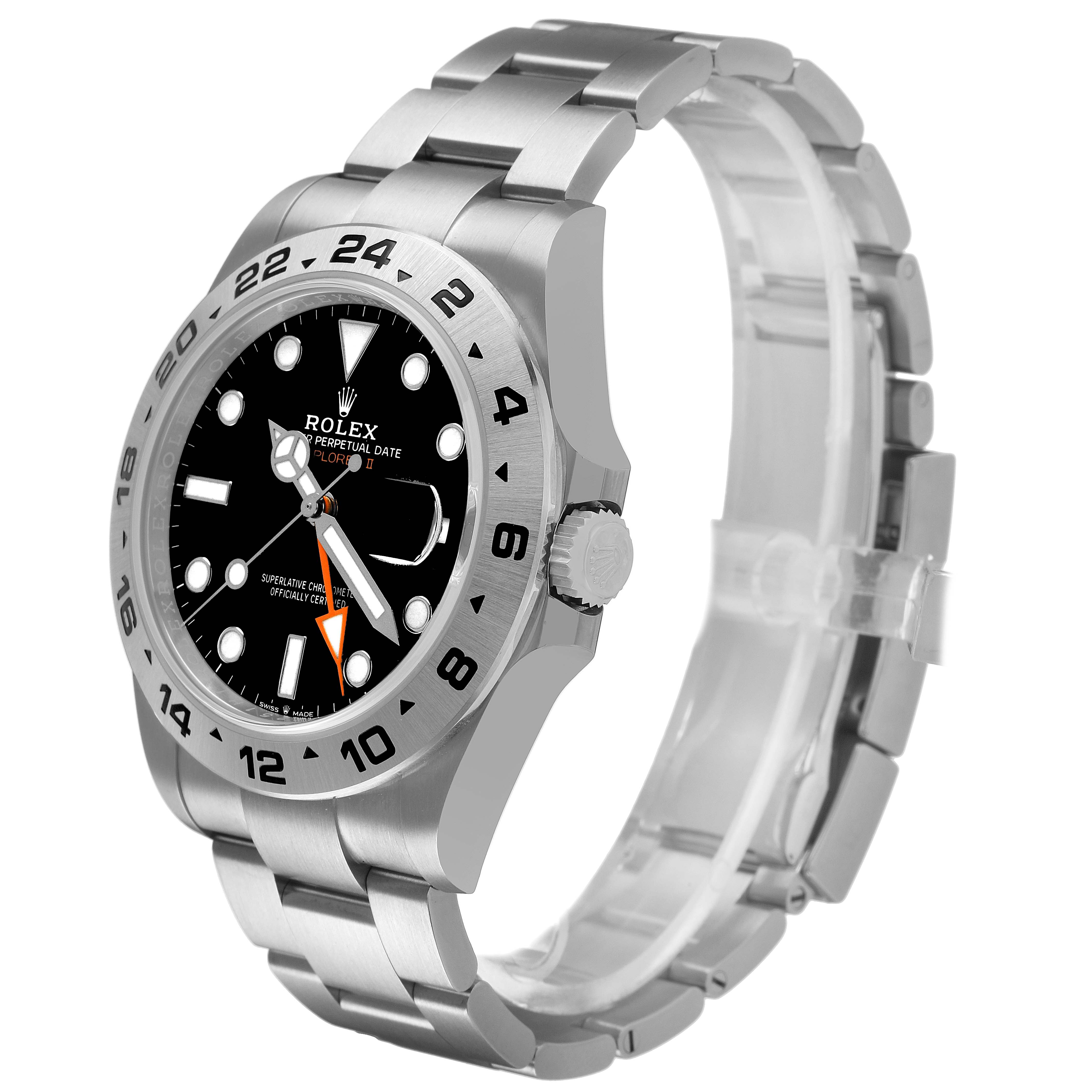 The Rolex Explorer 226570 Men's Stainless Steel Black Dial model watch is shown from a three-quarter view, highlighting the bezel, dial, crown, and bracelet.