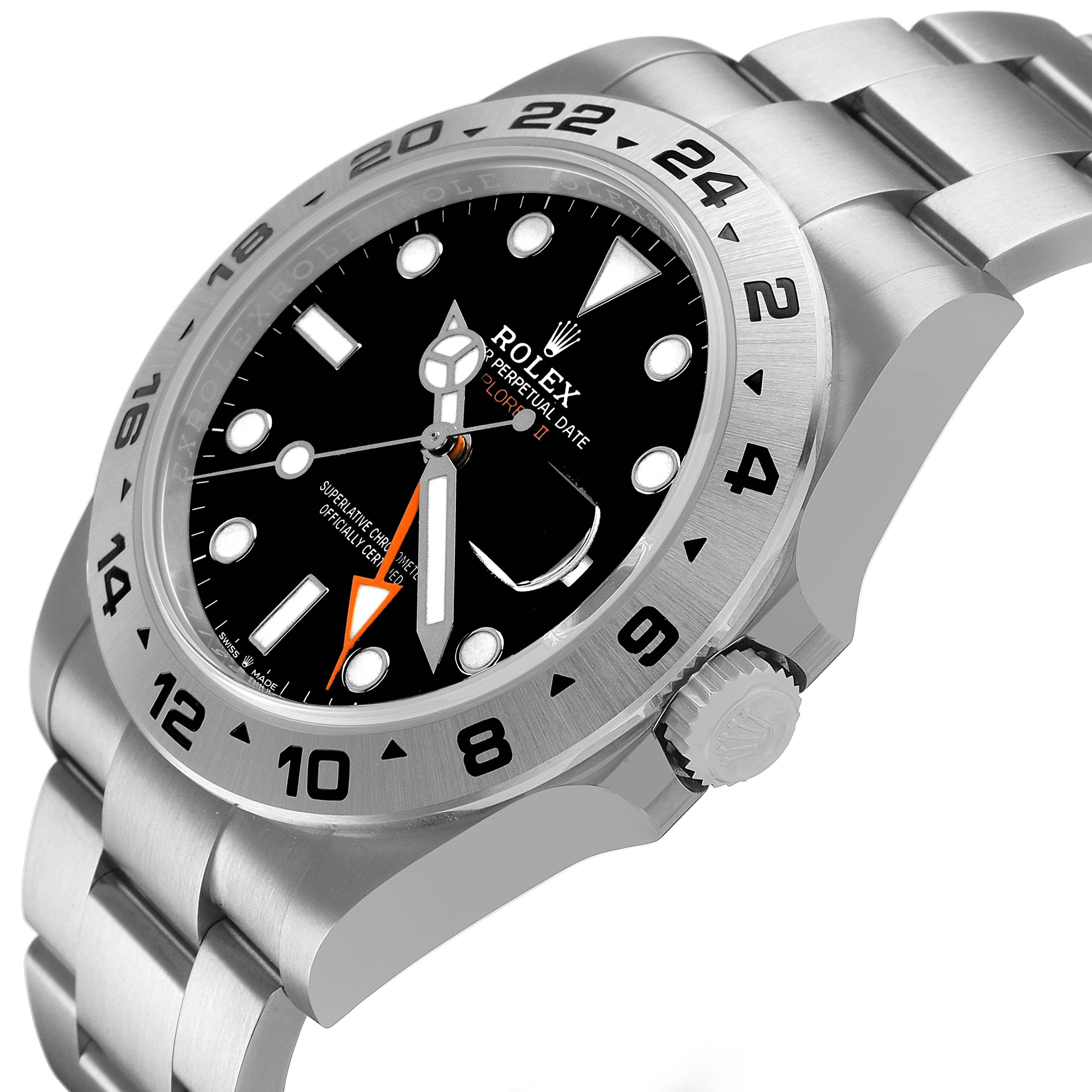 This image shows a side angle of the Rolex Explorer 226570 Men's Stainless Steel Black Dial watch, highlighting the bezel, dial, crown, and part of the bracelet.