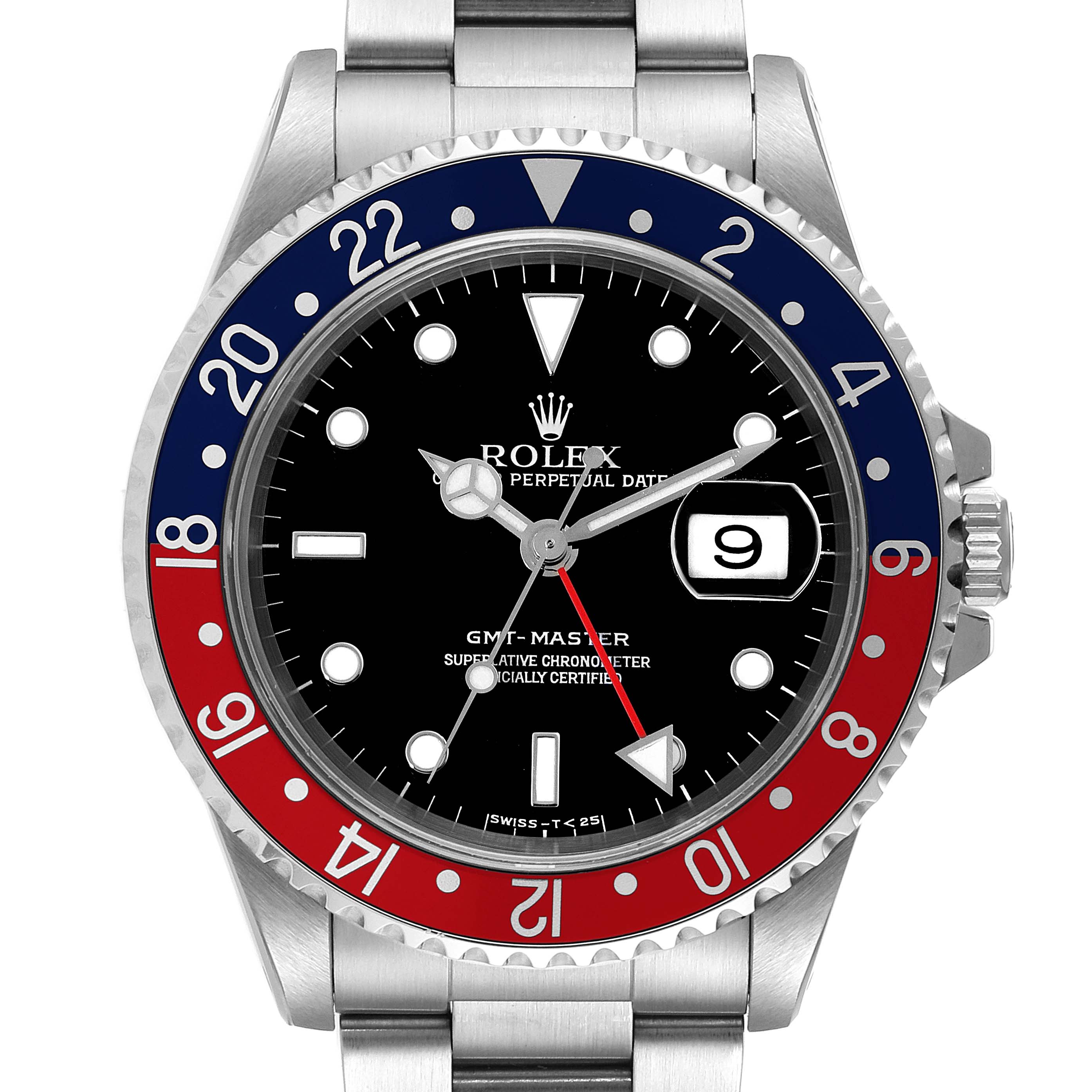 This image shows a front-facing angle of the Rolex GMT-Master 16700 Men
s Stainless Steel Black Dial 16700 Men
s Stainless Steel Black Dial watch, featuring its dial, bezel, and bracelet.