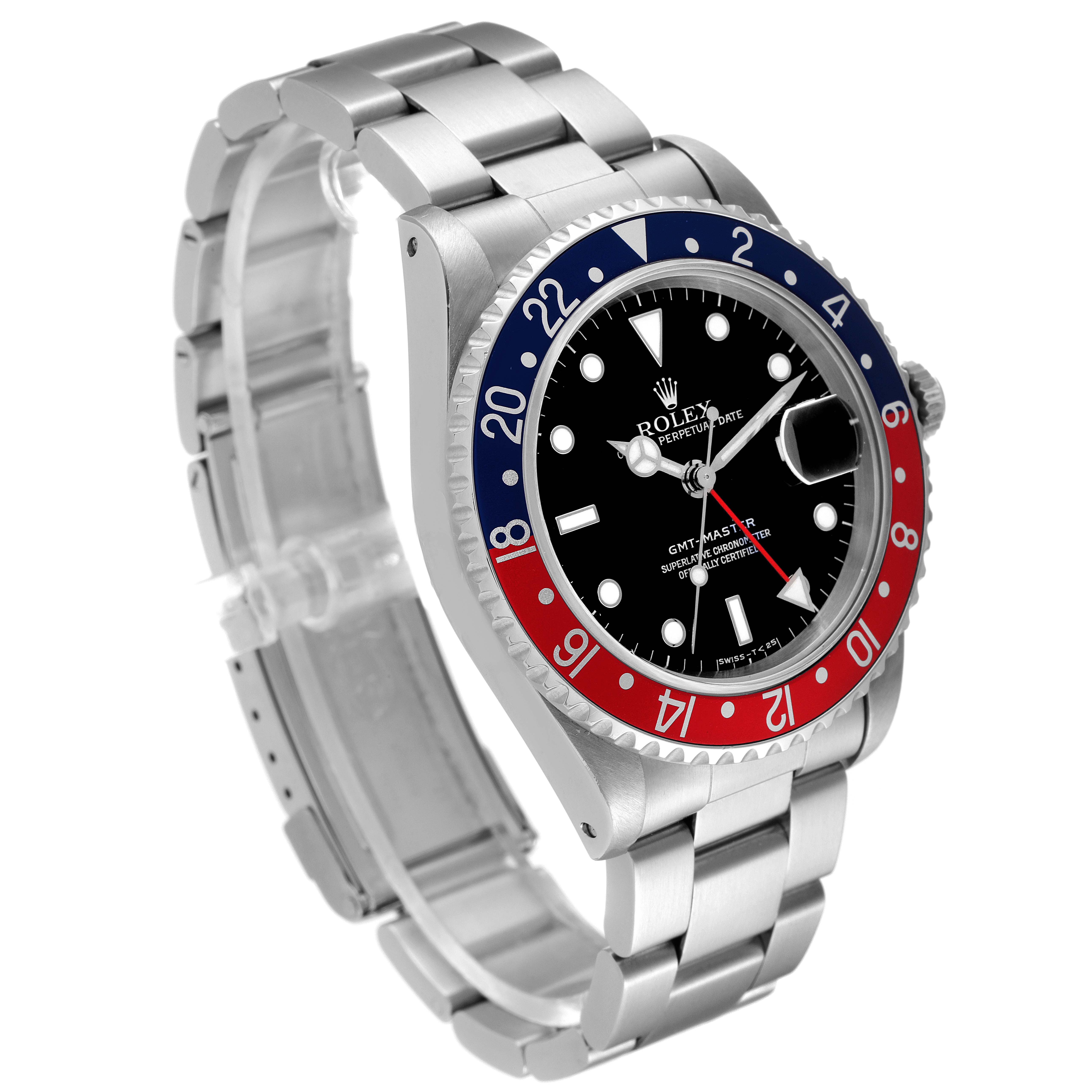 This image shows a Rolex GMT-Master 16700 Men
s Stainless Steel Black Dial 16700 Men
s Stainless Steel Black Dial watch at an angled side view, highlighting the bezel, dial, and bracelet.