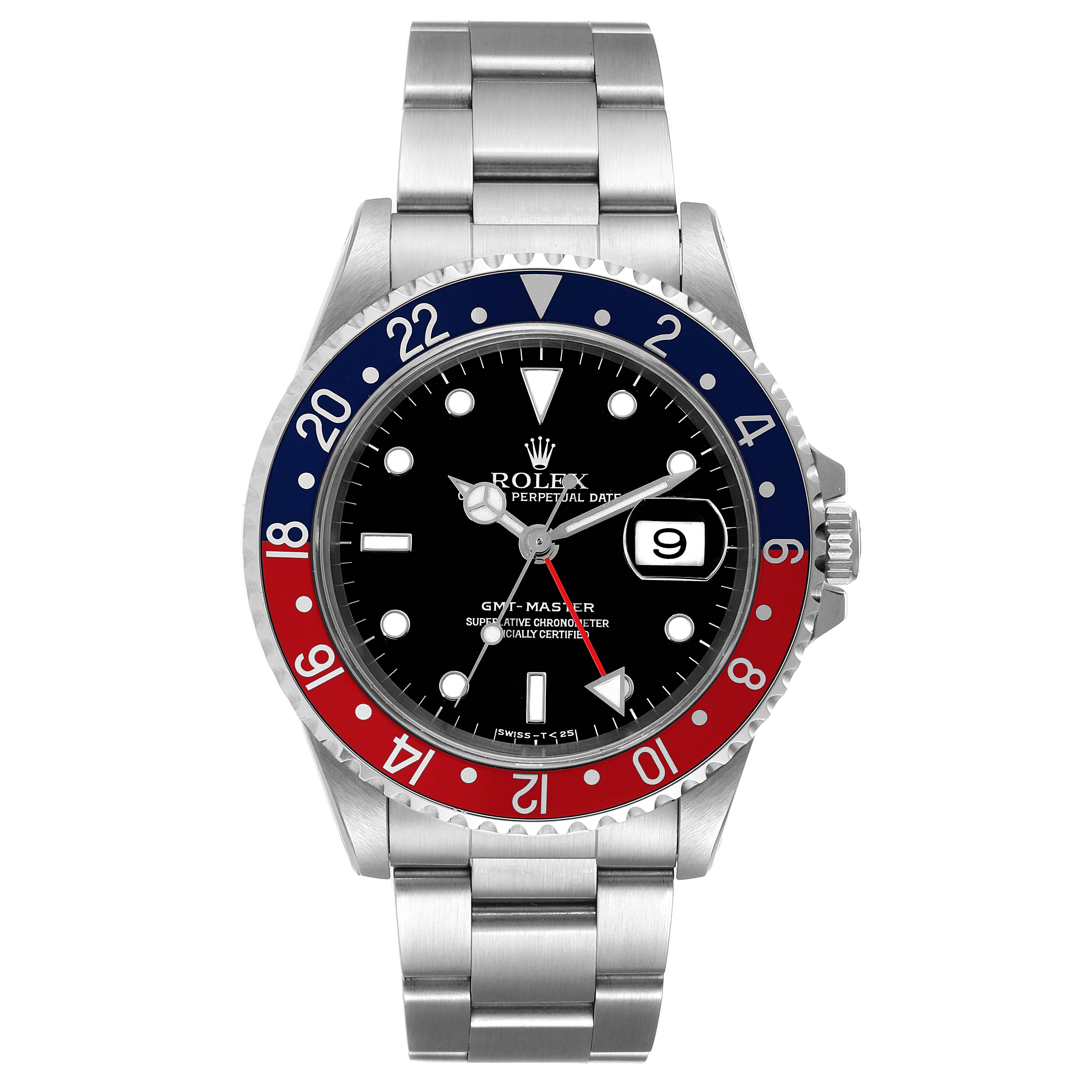 The image shows a front view of a Rolex GMT-Master 16700 Men
s Stainless Steel Black Dial 16700 Men
s Stainless Steel Black Dial watch, displaying its bezel, dial, hands, date window, and bracelet.