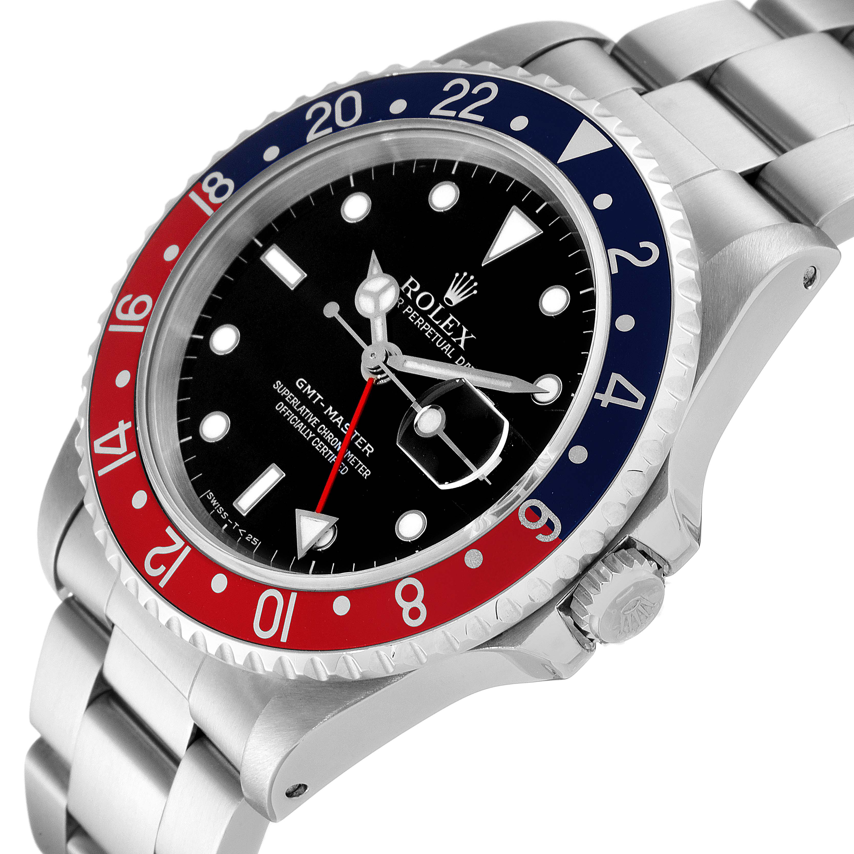 The image shows a Rolex GMT-Master 16700 Men
s Stainless Steel Black Dial 16700 Men
s Stainless Steel Black Dial watch at an angle highlighting the dial, bezel, crown, and part of the bracelet.