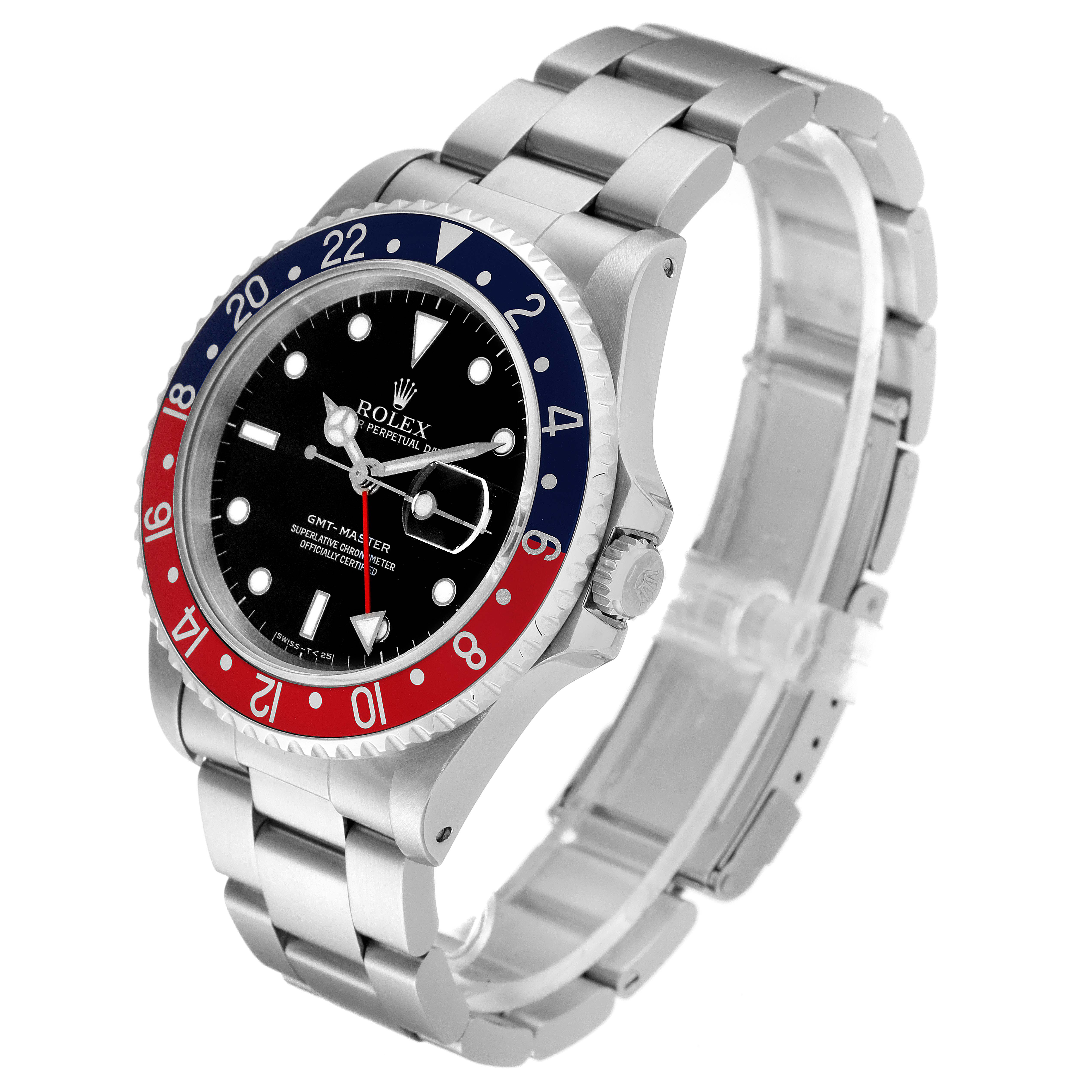 The image shows a Rolex GMT-Master 16700 Men
s Stainless Steel Black Dial 16700 Men
s Stainless Steel Black Dial watch at an angle displaying its face, bezel, crown, and bracelet.