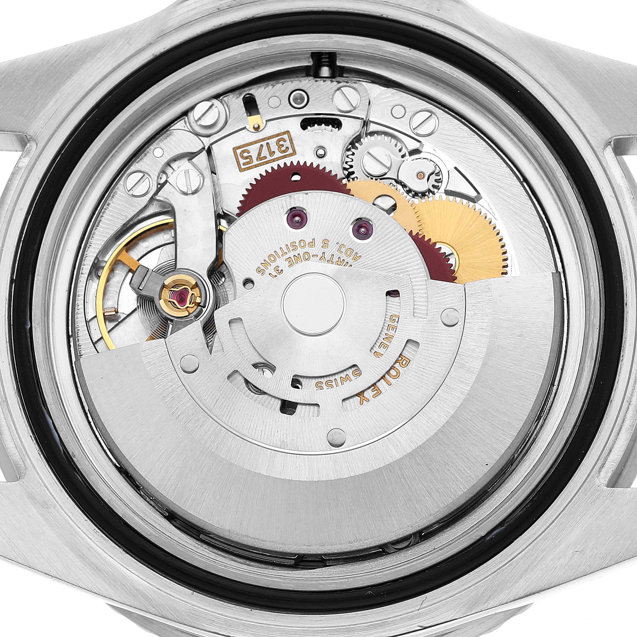 The image shows the internal movement components of a Rolex GMT-Master 16700 Men's Stainless Steel Black Dial watch, viewed from the back.