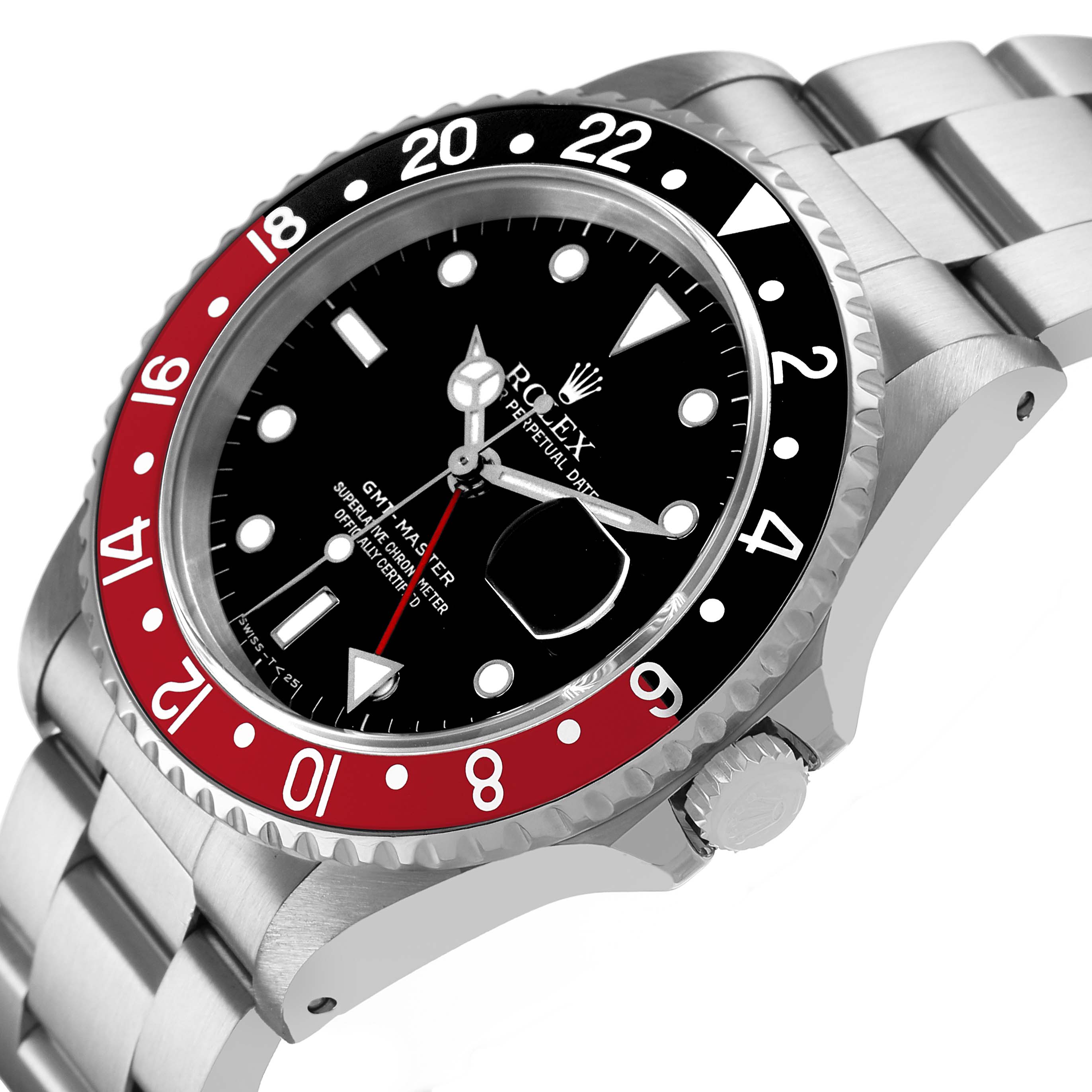 The image shows a Rolex GMT-Master 16700 Men's Stainless Steel Black Dial watch at an angle showcasing the face, bezel, crown, and part of the bracelet.