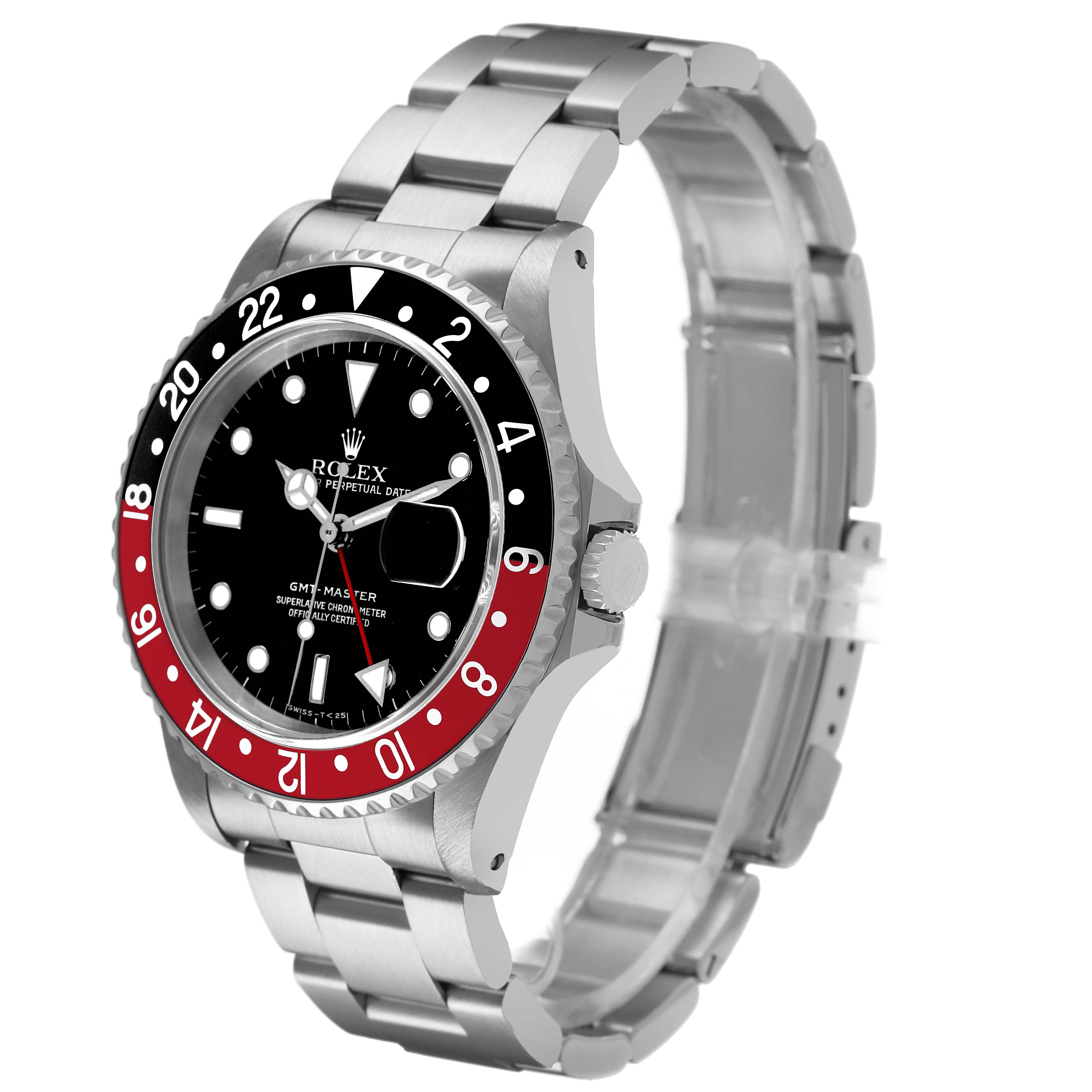 The Rolex GMT-Master 16700 Men's Stainless Steel Black Dial watch is shown at a slight angle, displaying the face, bezel, crown, and bracelet.