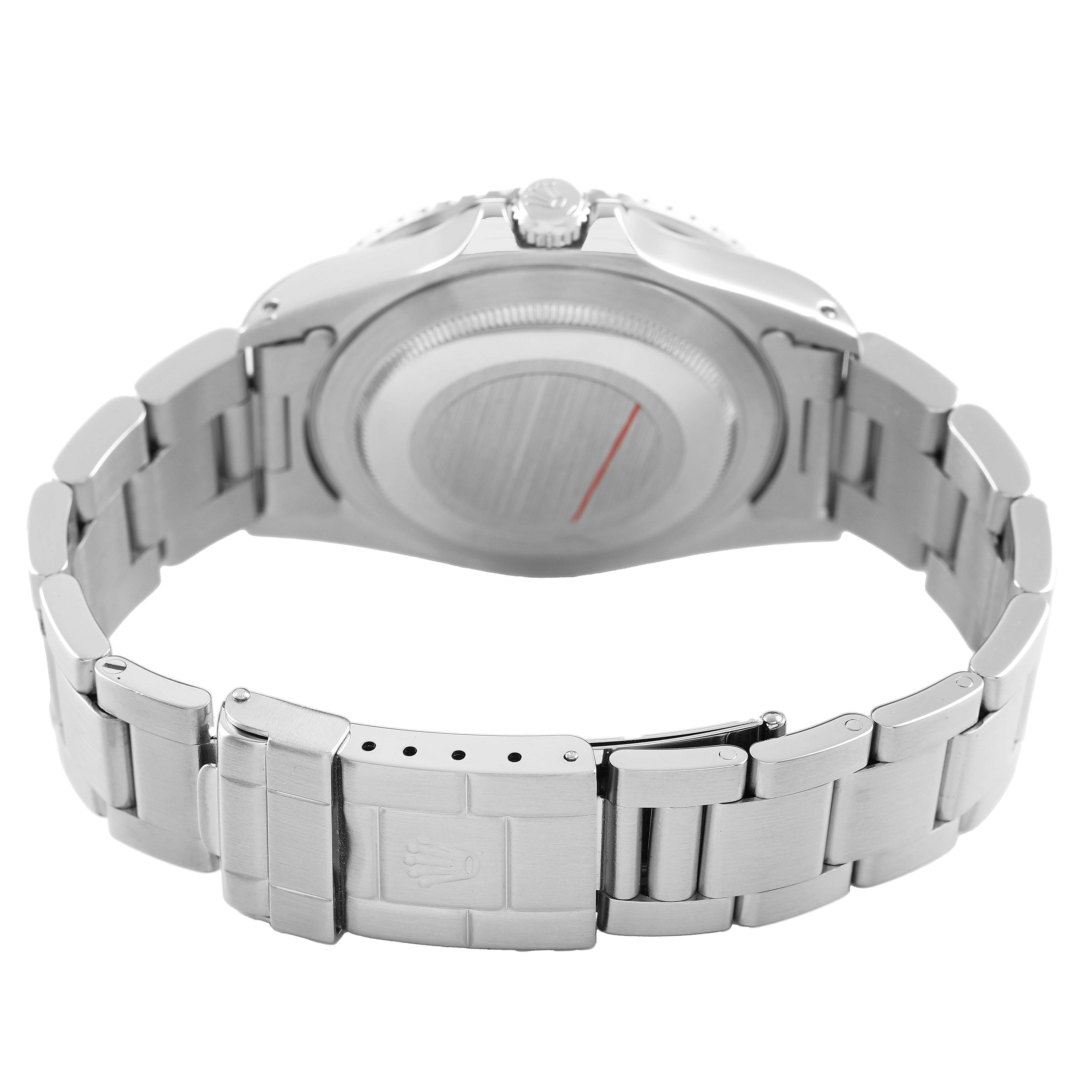 The image shows the back of a Rolex GMT-Master 16700 Men's Stainless Steel Black Dial, featuring the clasp and caseback of the watch.