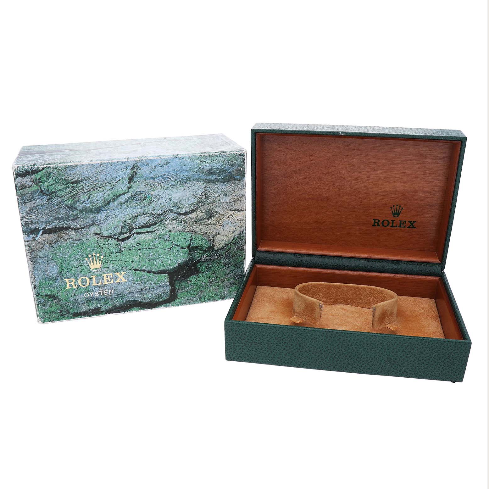 The image shows the open box and outer packaging for a Rolex GMT-Master 16700 Men's Stainless Steel Black Dial watch.