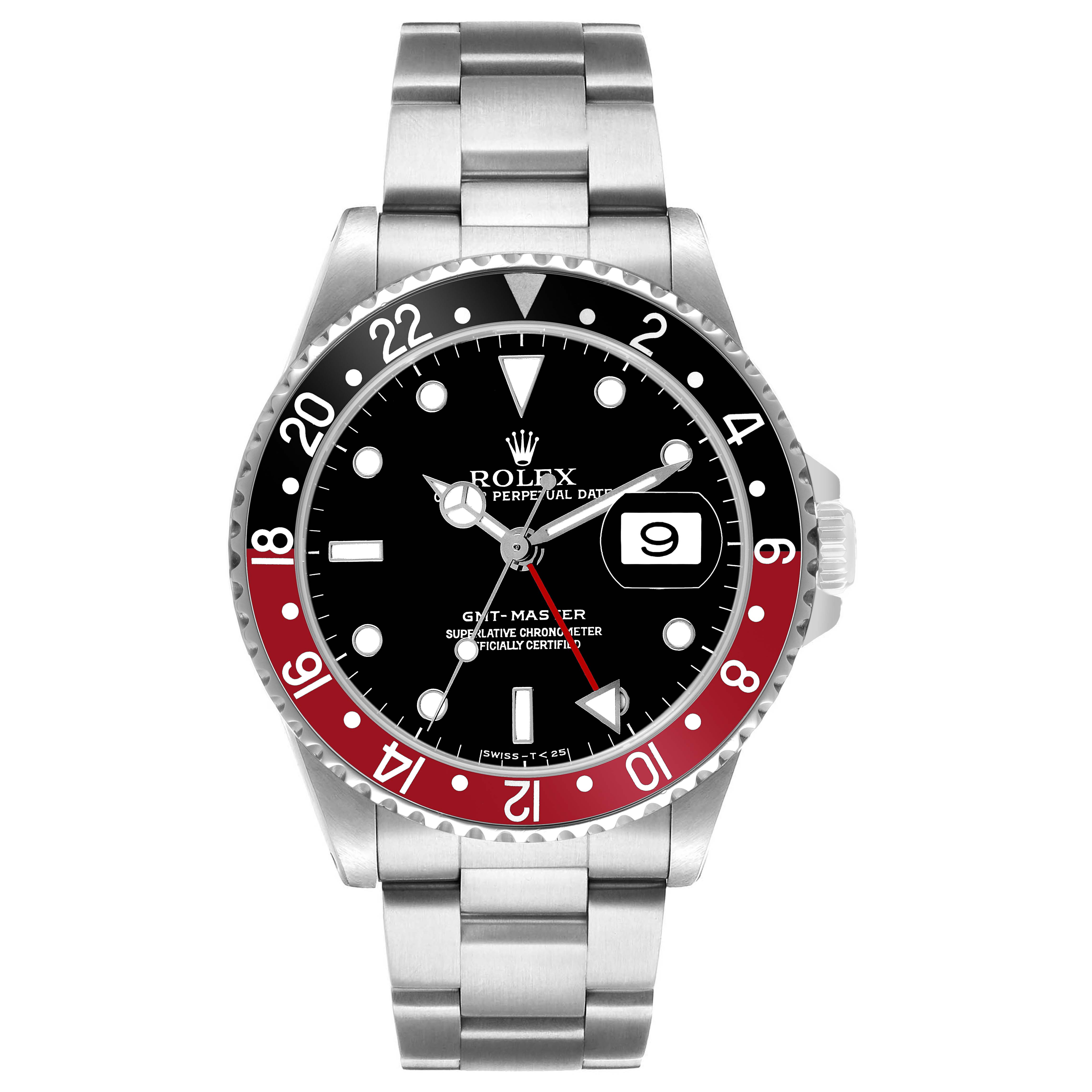 The Rolex GMT-Master 16700 Men's Stainless Steel Black Dial watch is shown from a front angle, featuring its face, bezel, bracelet, and crown.