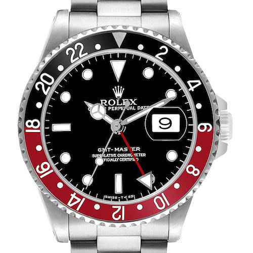 The Rolex GMT-Master 16700 Men's Stainless Steel Black Dial watch is shown from a frontal angle, highlighting the bezel, dial, hands, and date window.