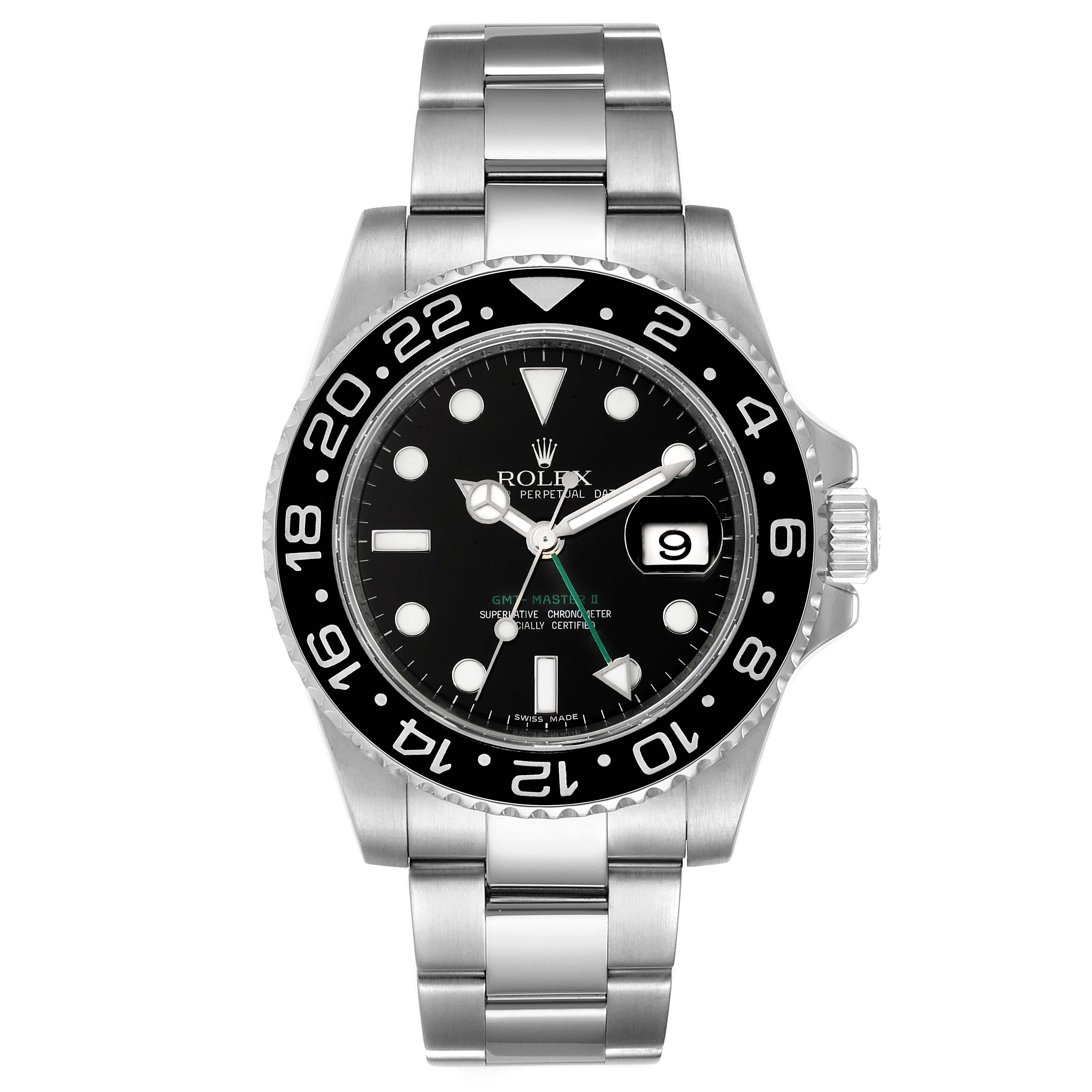 The image shows the front view of a Rolex GMT-Master 116710 Men's Stainless Steel Black Dial 116710 Men's Stainless Steel Black Dial II watch, displaying its face, bezel, and bracelet.