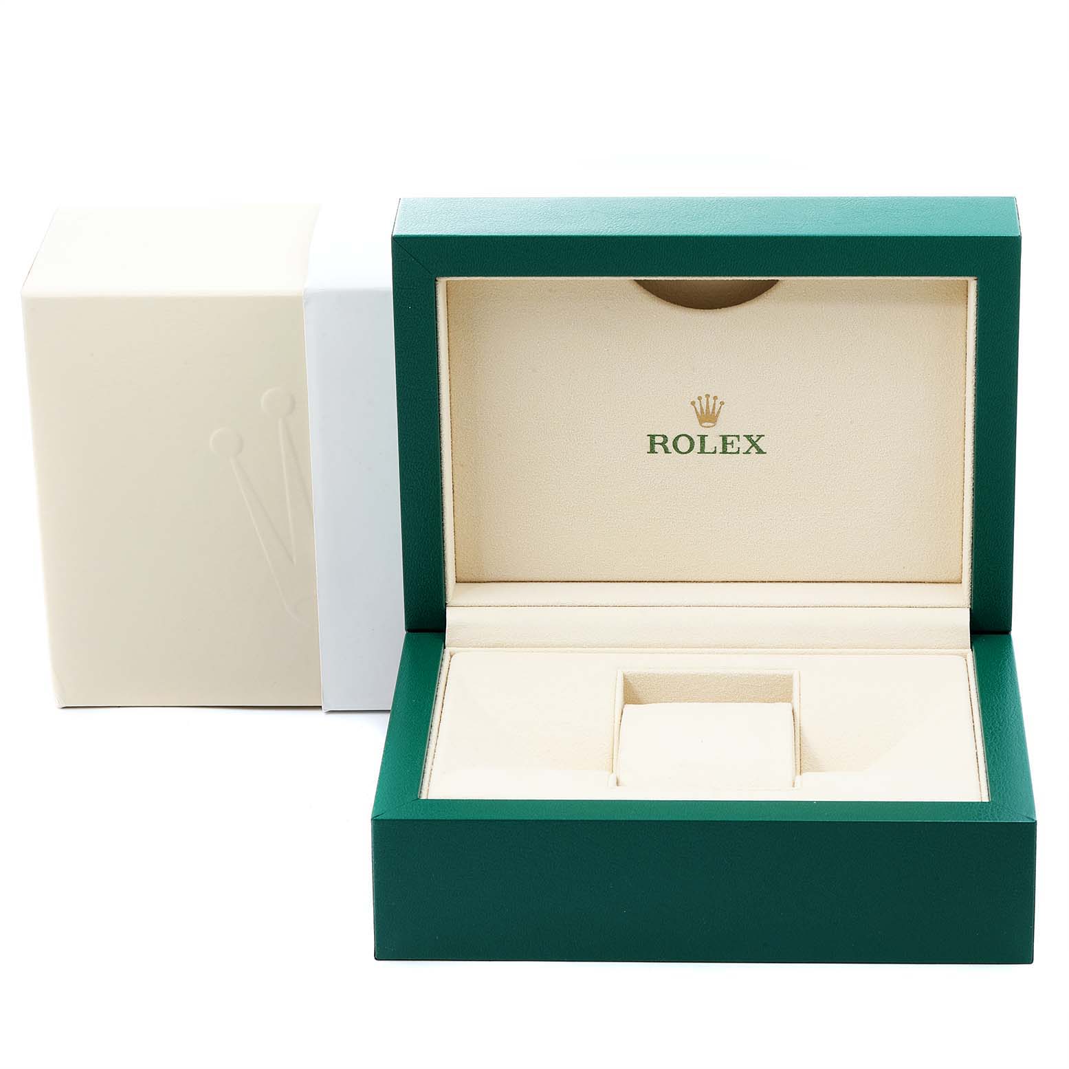This image shows an open, empty Rolex watch box set at an angle revealing the interior designed for the GMT-Master model.