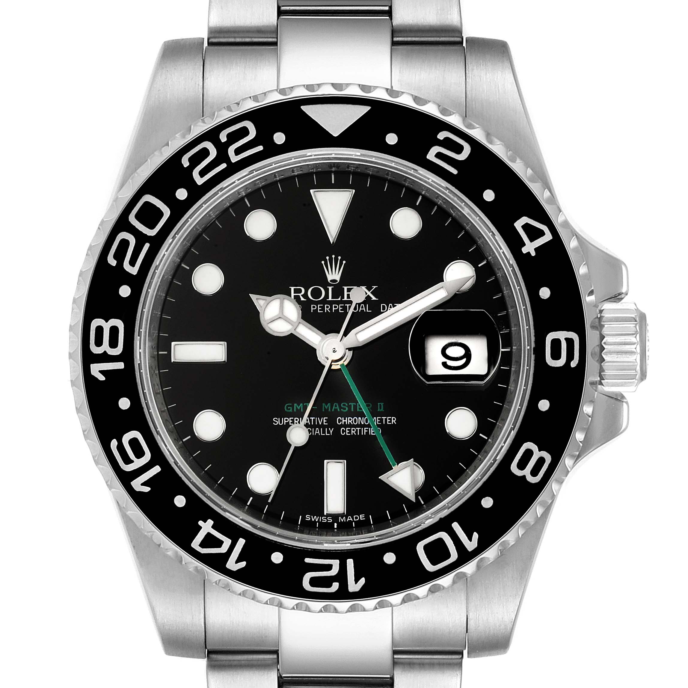 The Rolex GMT-Master 116710 Men's Stainless Steel Black Dial 116710 Men's Stainless Steel Black Dial II watch is shown from a front angle, highlighting the bezel, dial, hands, crown, and part of the bracelet.