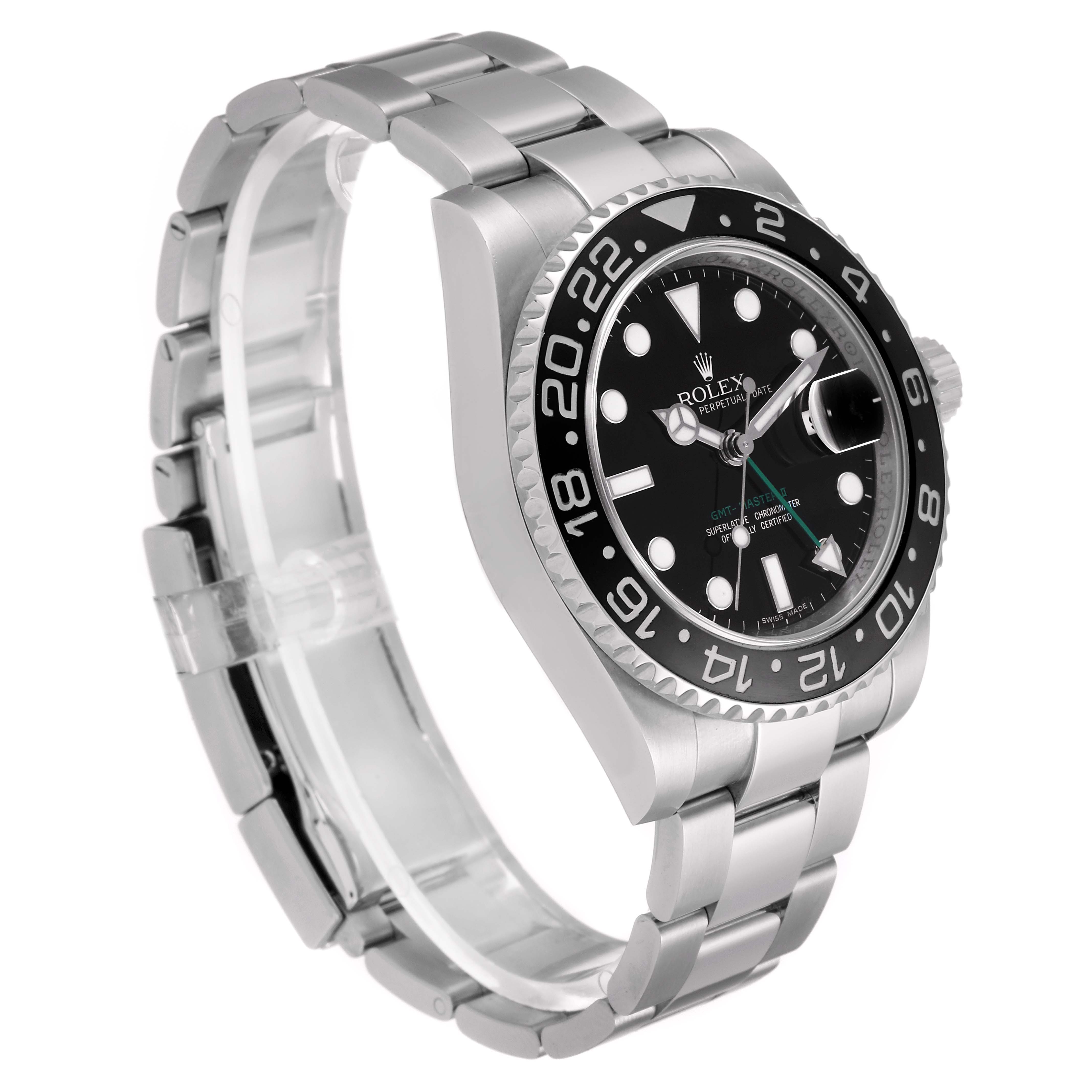 The Rolex GMT-Master 116710 Men's Stainless Steel Black Dial 116710 Men's Stainless Steel Black Dial watch is shown at a three-quarter angle, highlighting the bezel, dial, hands, and bracelet.