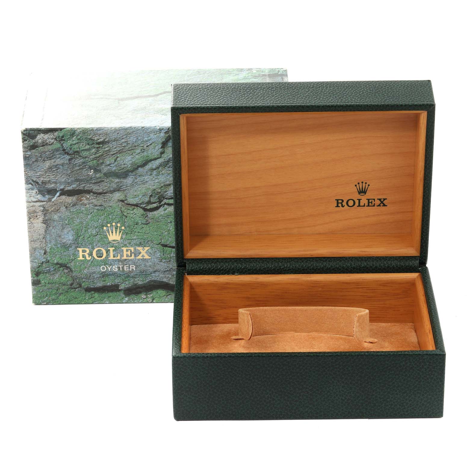 The image shows an open Rolex box with a green exterior and wooden interior, likely designed for the GMT-Master model.