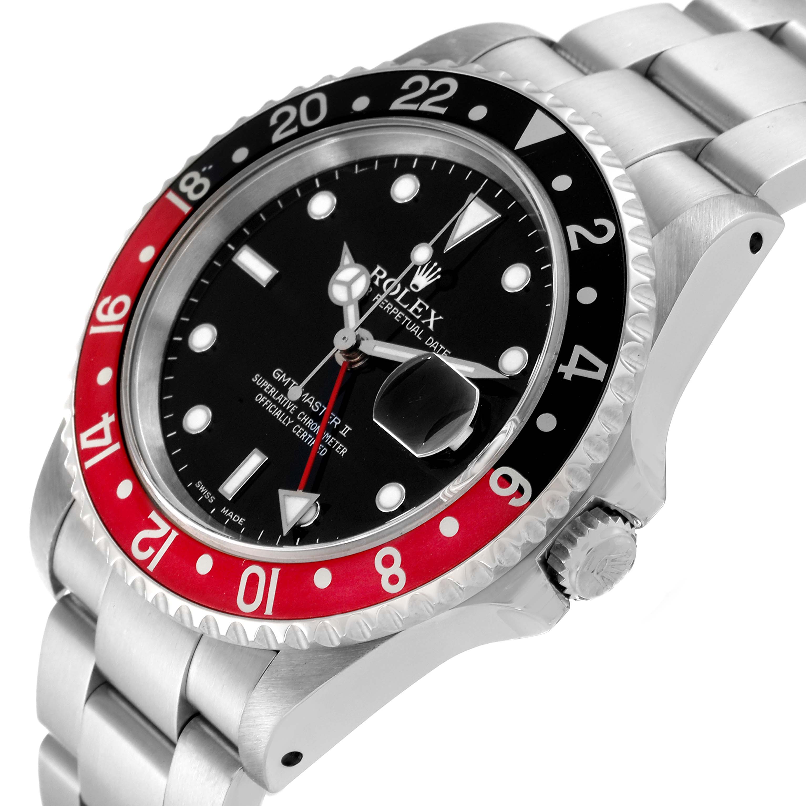 The image shows a Rolex GMT-Master 16710 Men's Stainless Steel Black Dial 16710 Men's Stainless Steel Black Dial II watch from an angled side view, highlighting the dial, bezel, crown, and part of the bracelet.