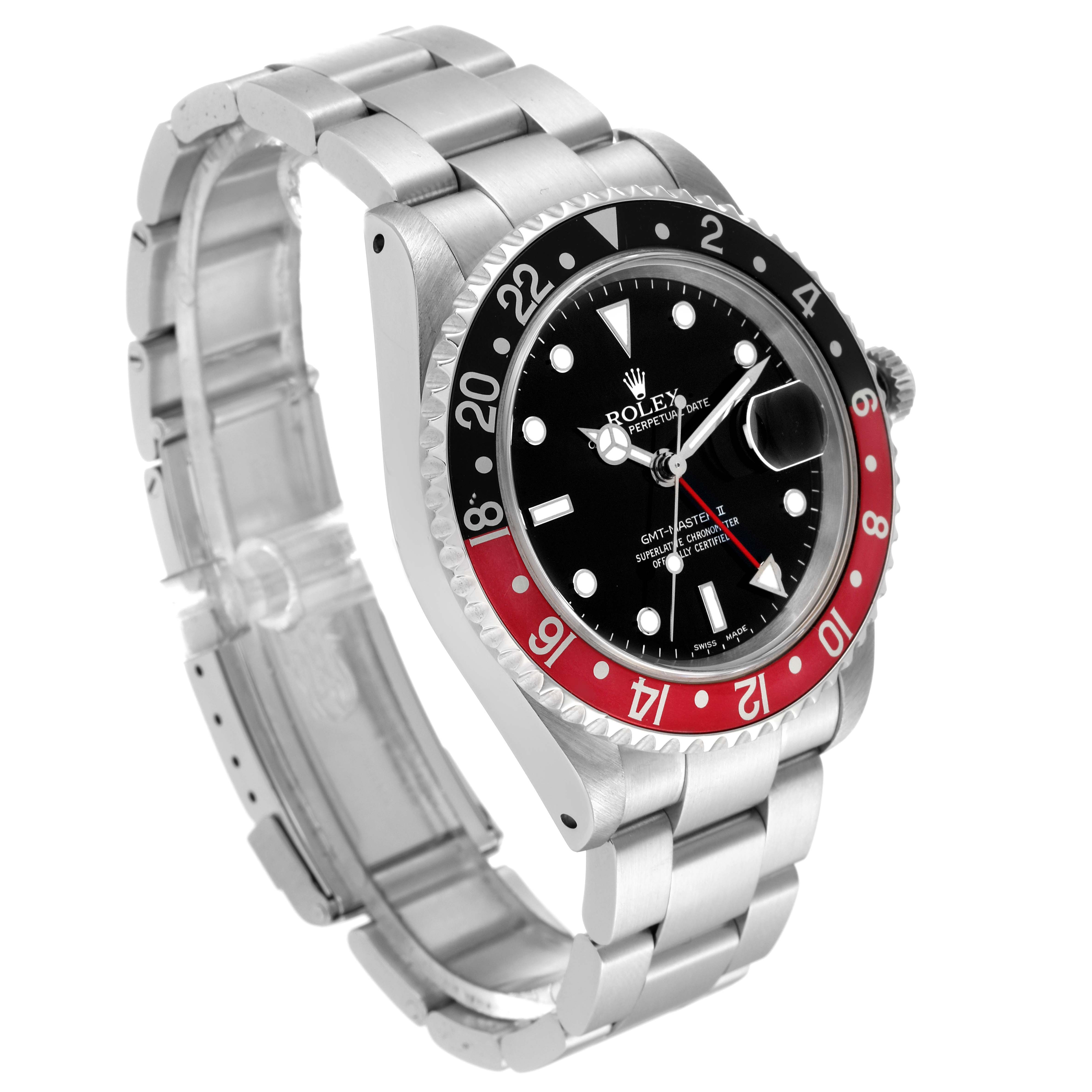 The image shows a side angle of the Rolex GMT-Master 16710 Men's Stainless Steel Black Dial 16710 Men's Stainless Steel Black Dial watch, highlighting the face, bezel, and bracelet.