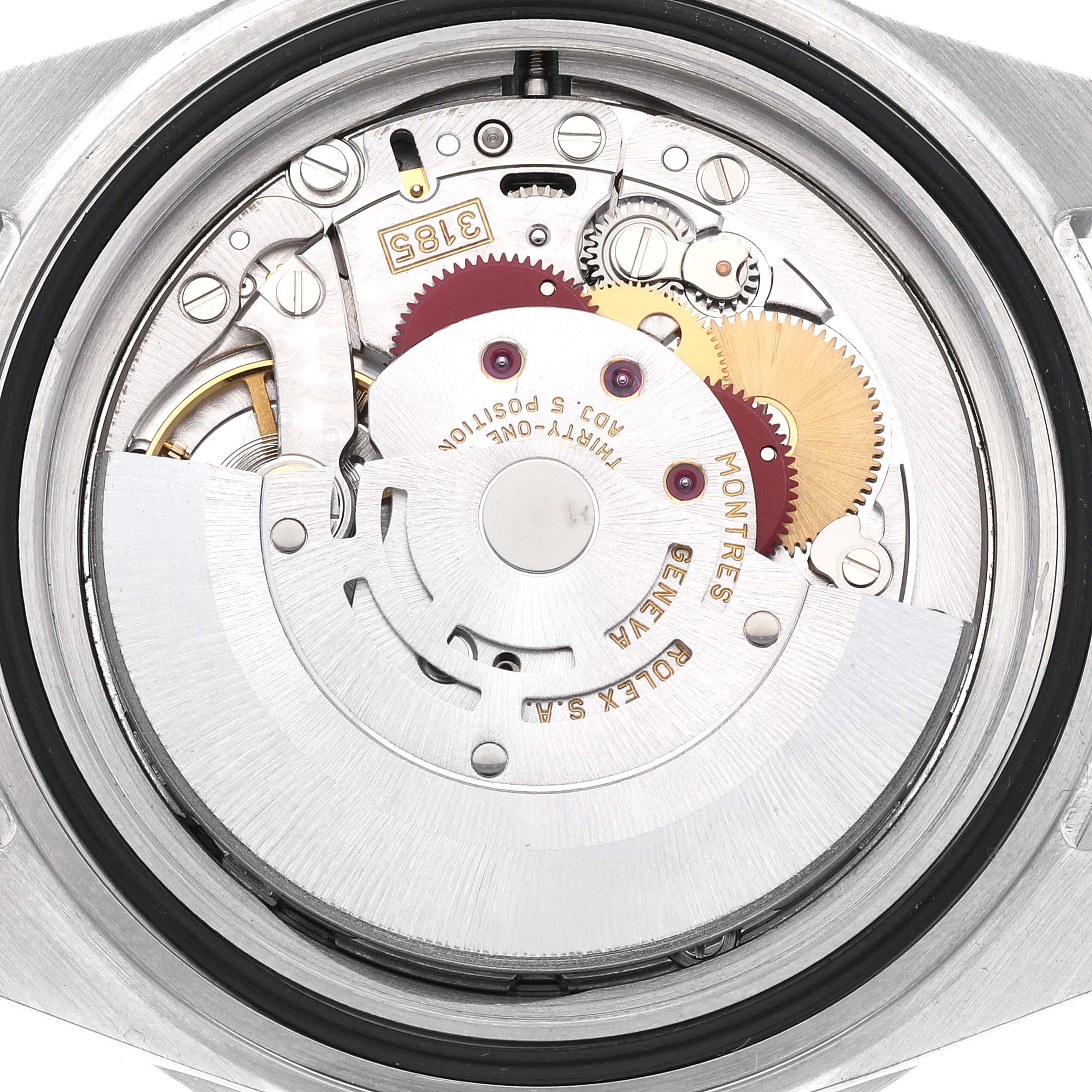 This image shows an internal, detailed view of the Rolex GMT-Master 16710 Men's Stainless Steel Black Dial 16710 Men's Stainless Steel Black Dial watch movement from a back angle.