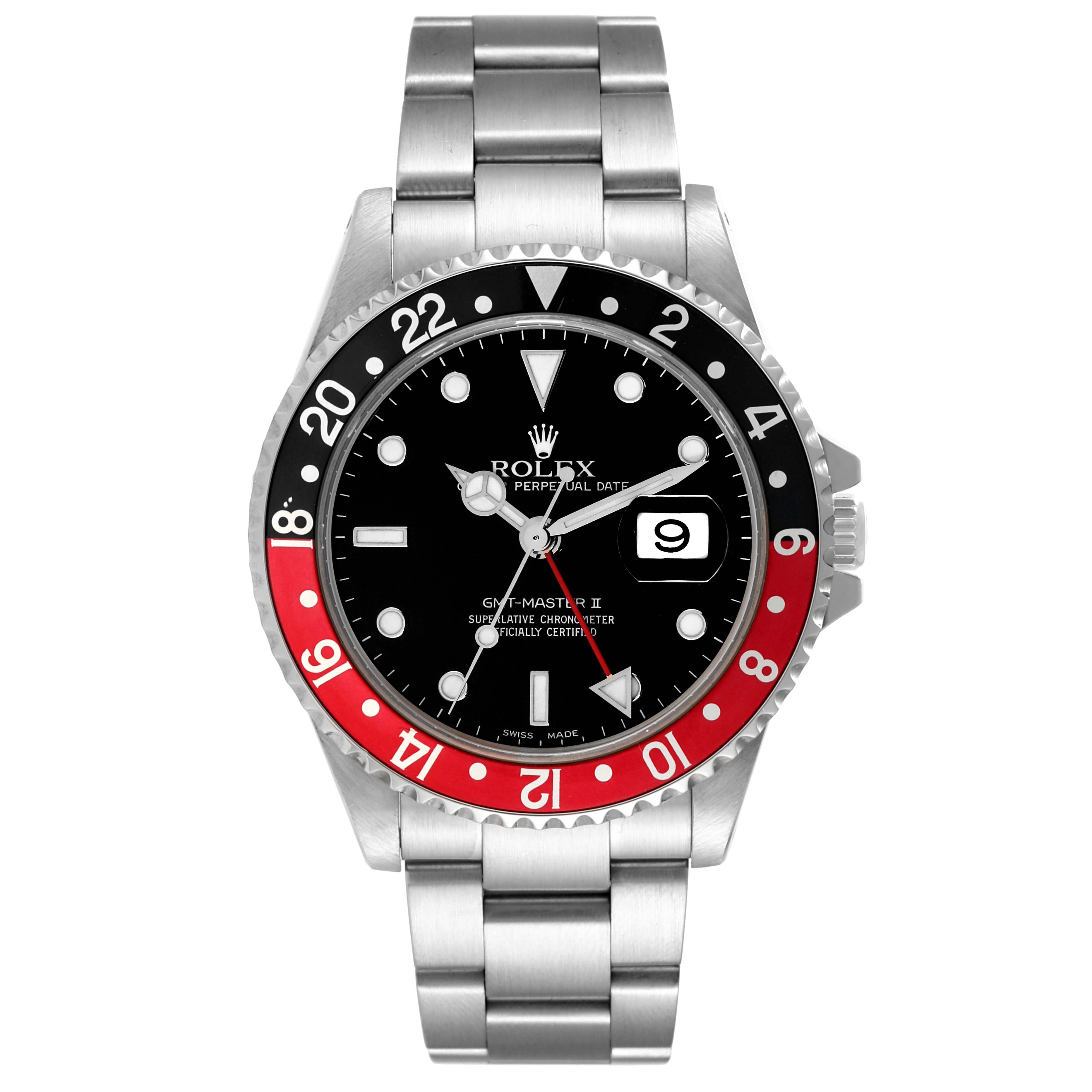 This image shows a front view of a Rolex GMT-Master 16710 Men's Stainless Steel Black Dial 16710 Men's Stainless Steel Black Dial II watch, highlighting the bezel, dial, hands, bracelet, and date window.