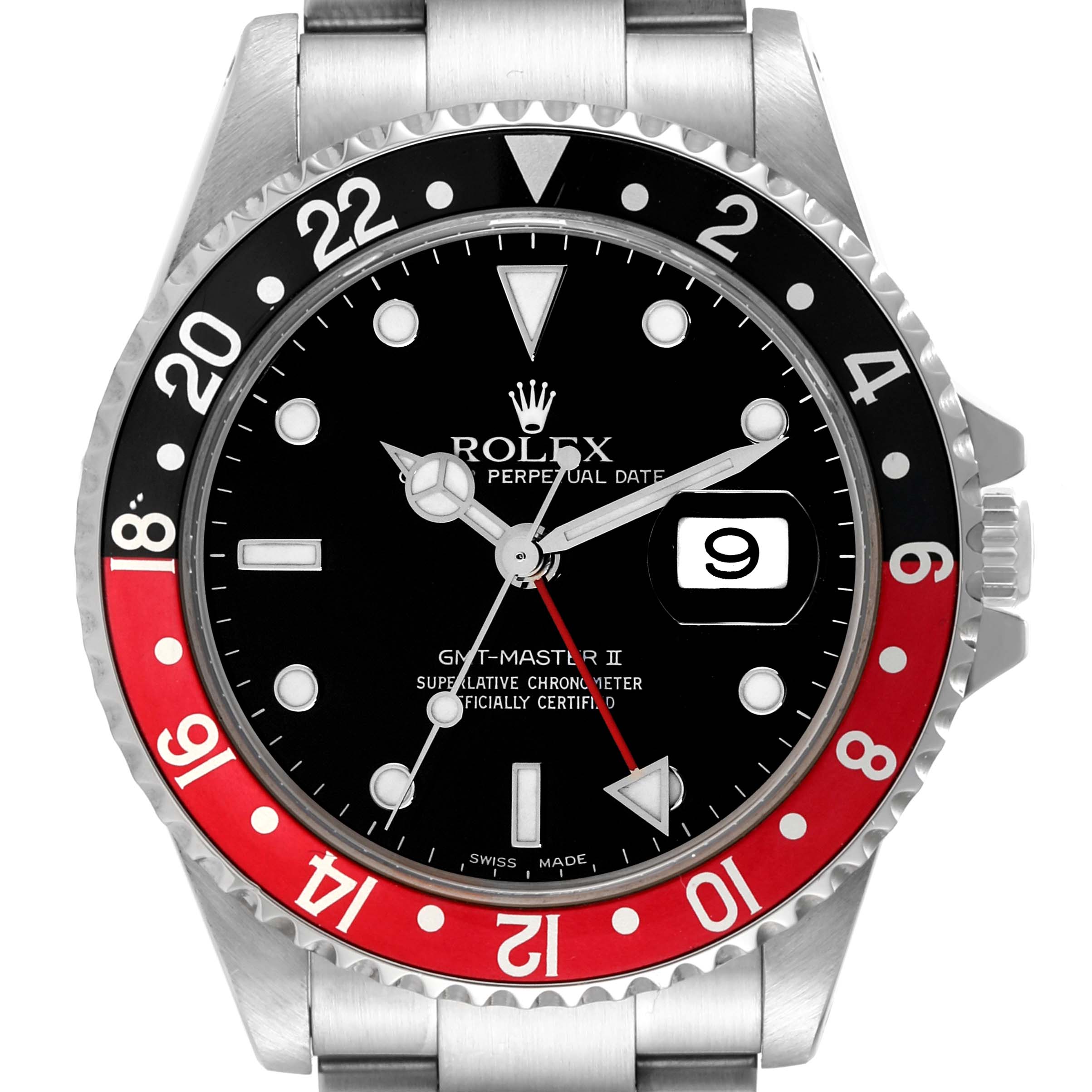 The image shows a front view of a Rolex GMT-Master 16710 Men's Stainless Steel Black Dial 16710 Men's Stainless Steel Black Dial II watch with a black and red bezel and a black dial.