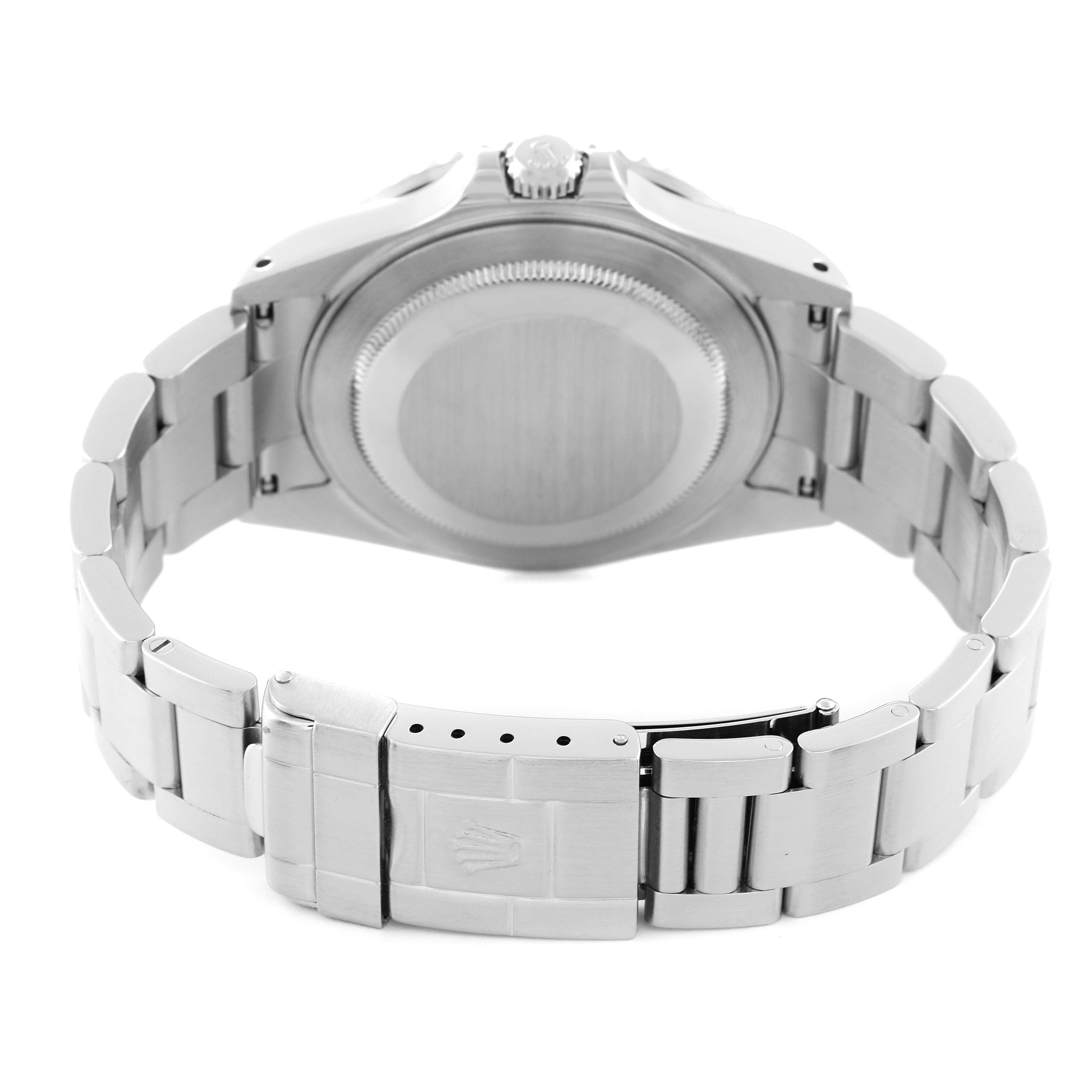 This image shows the back case and bracelet clasp of a Rolex GMT-Master 16710 Men's Stainless Steel Black Dial 16710 Men's Stainless Steel Black Dial watch.