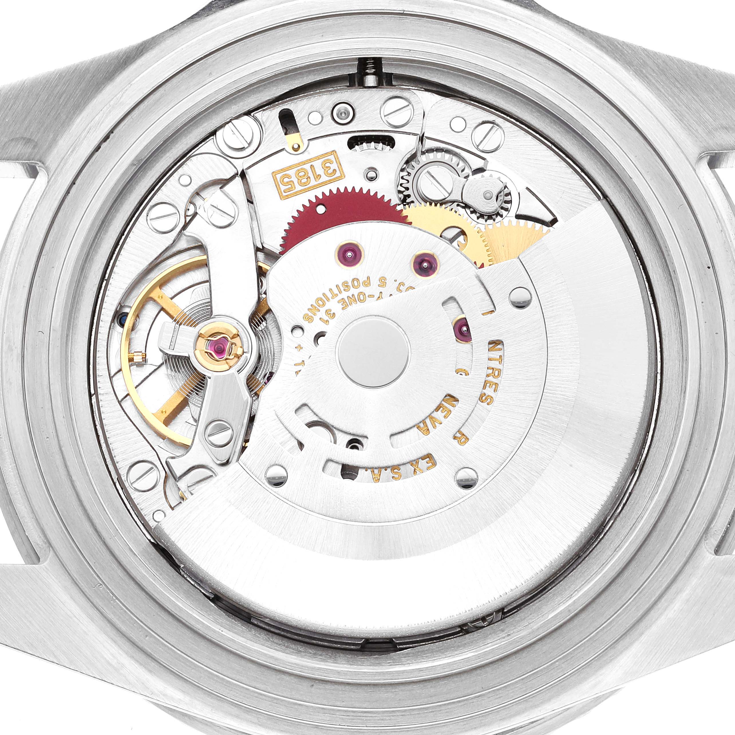 This is an image showcasing the movement mechanism of a Rolex GMT-Master 16710 Men
s Stainless Steel Black Dial 16710 Men
s Stainless Steel Black Dial watch from a back or caseback angle.