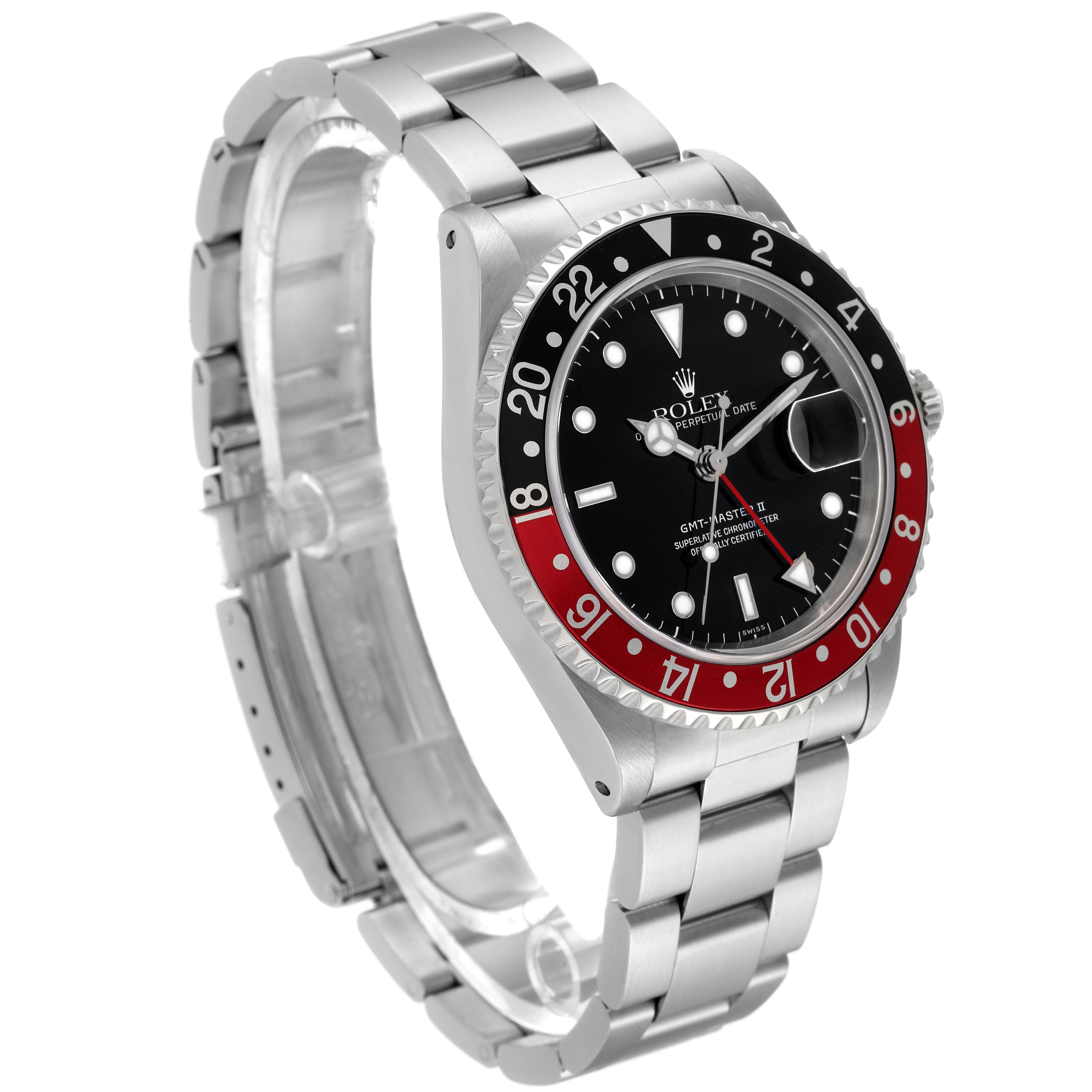The Rolex GMT-Master 16710 Men
s Stainless Steel Black Dial 16710 Men
s Stainless Steel Black Dial watch is shown at a three-quarter angle, highlighting its bezel, dial, bracelet, and crown.