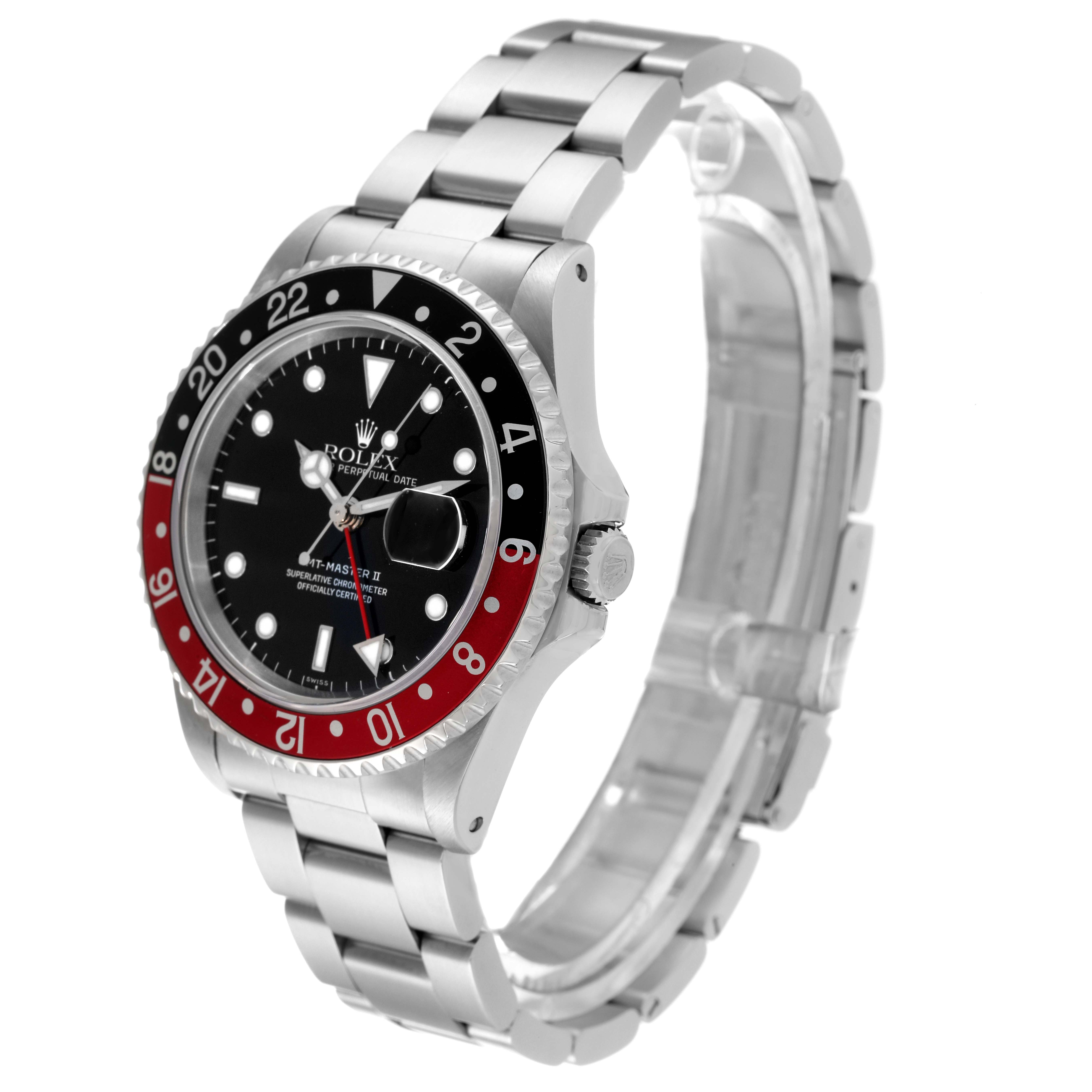 The image shows a Rolex GMT-Master 16710 Men
s Stainless Steel Black Dial 16710 Men
s Stainless Steel Black Dial II watch from an angled side view, highlighting its bracelet, bezel, and dial.