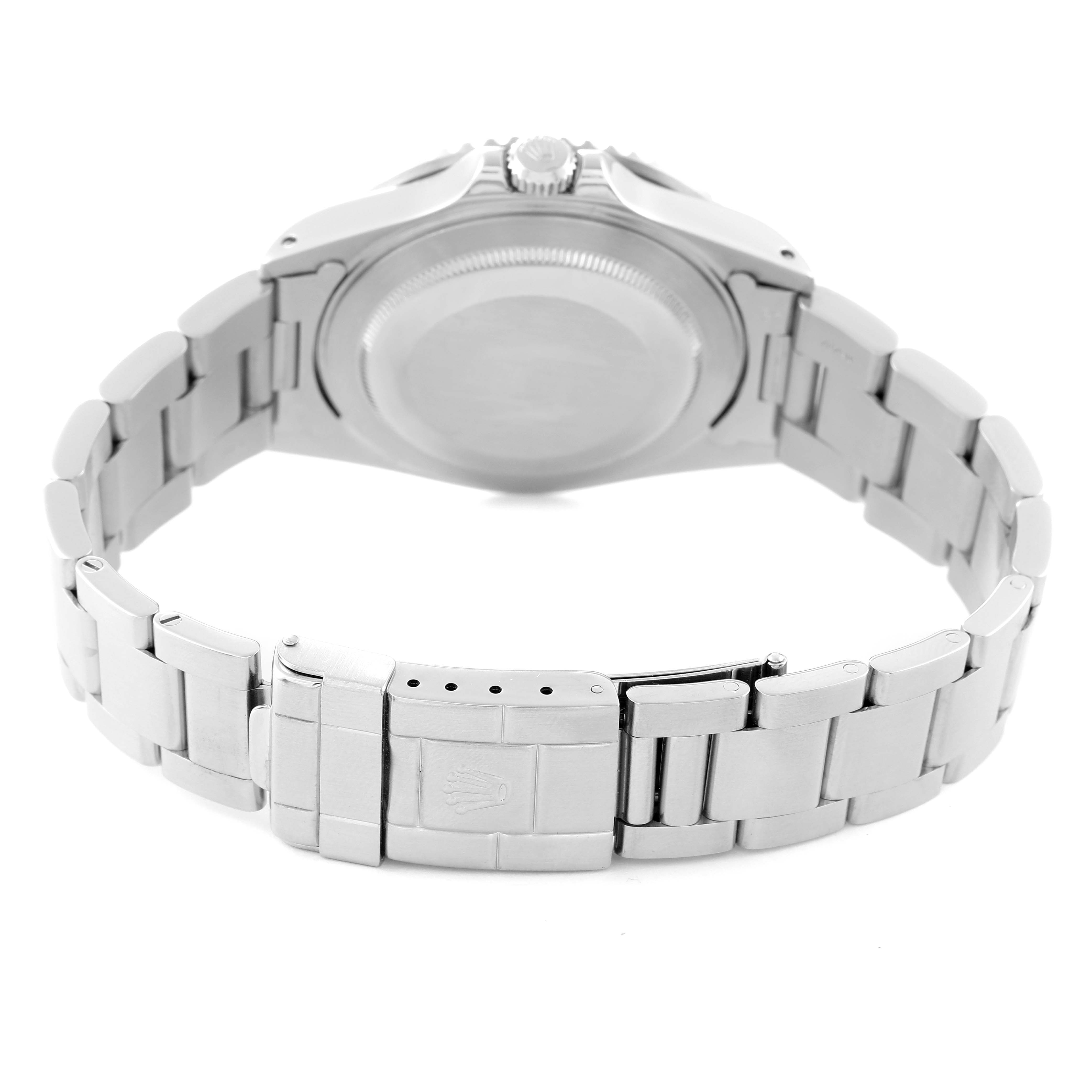 This image shows the backside and bracelet of the Rolex GMT-Master 16710 Men
s Stainless Steel Black Dial 16710 Men
s Stainless Steel Black Dial watch from a rear angle.