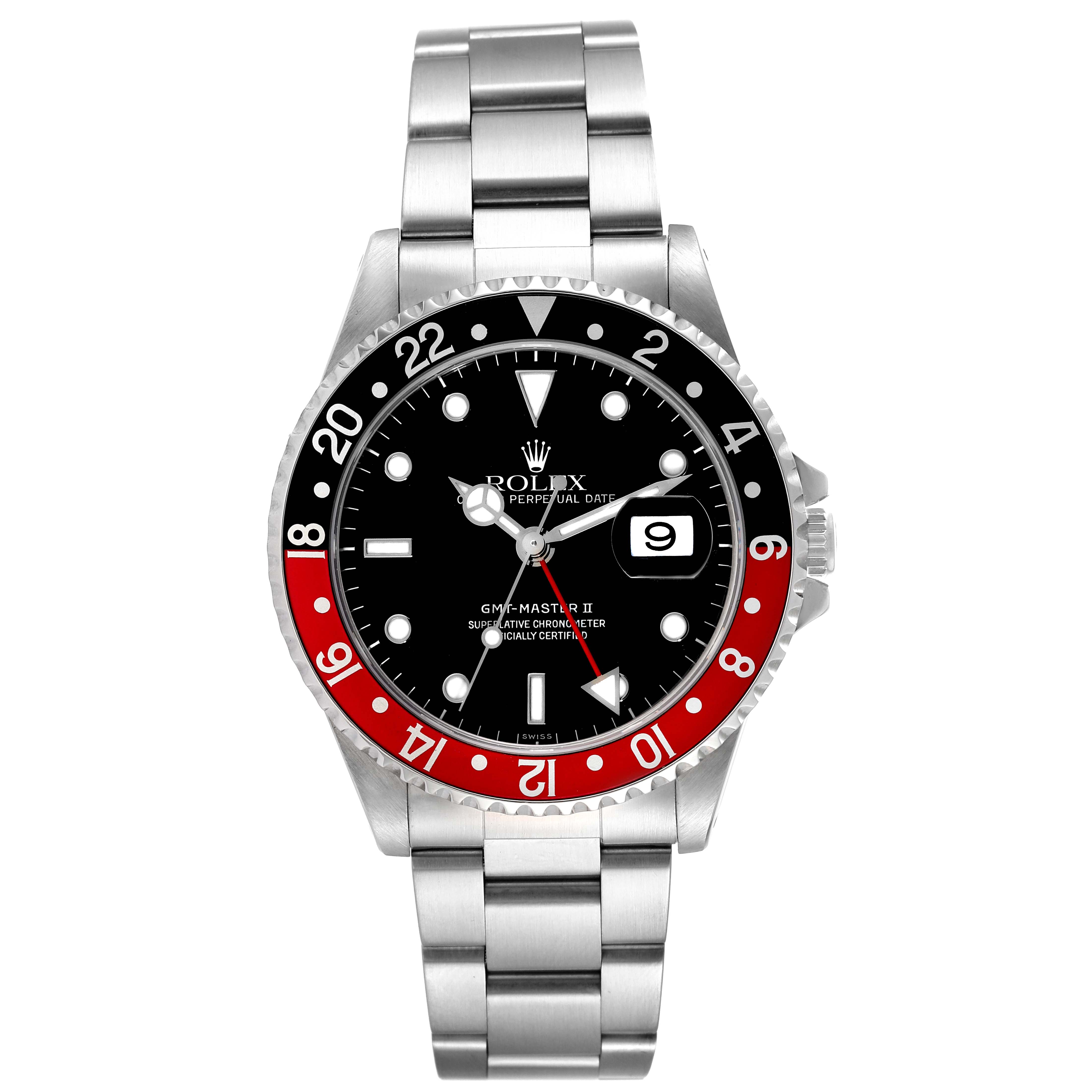 The Rolex GMT-Master 16710 Men
s Stainless Steel Black Dial 16710 Men
s Stainless Steel Black Dial II watch is shown from a front angle, displaying its black and red bezel, black dial, and stainless steel bracelet.