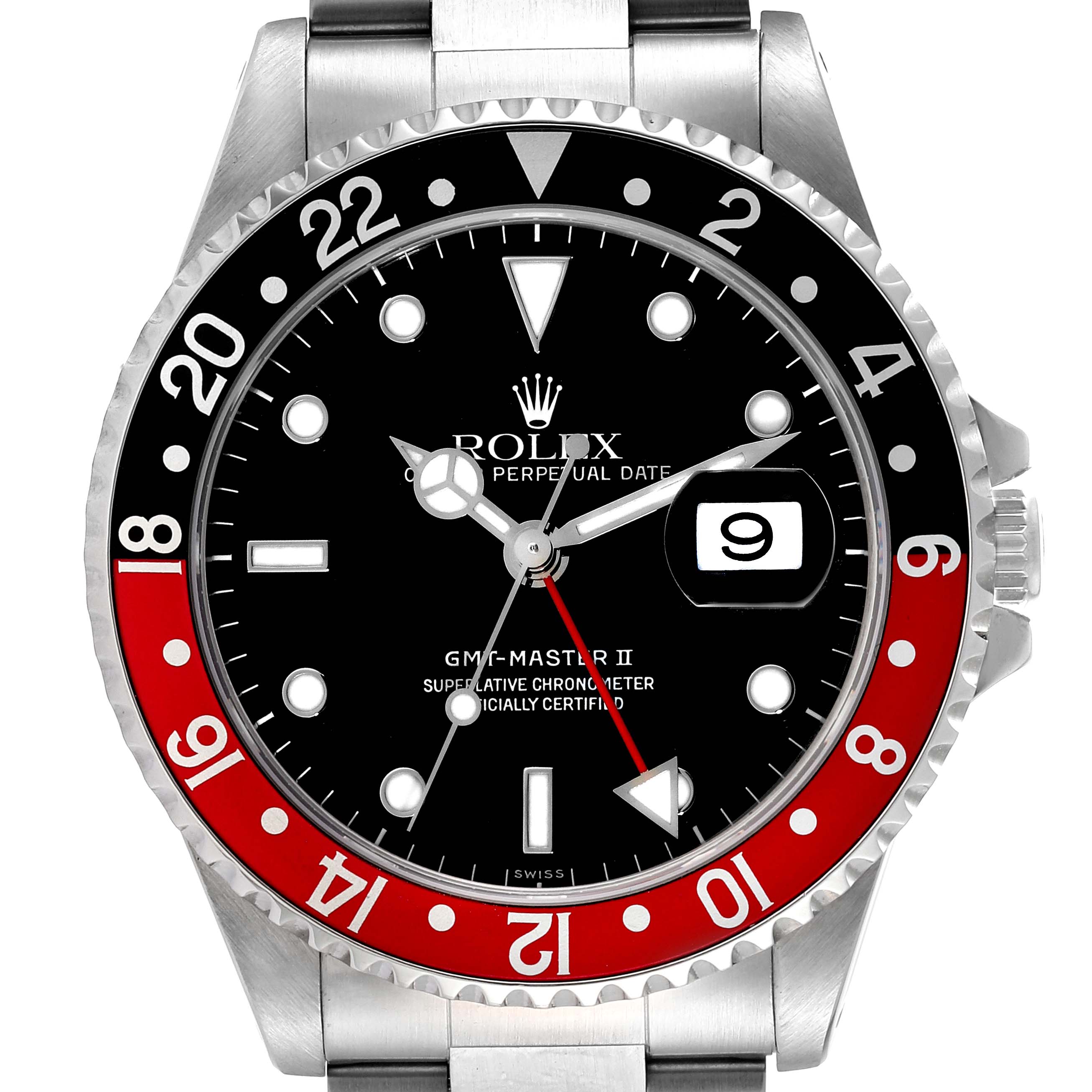 The image shows a front view of a Rolex GMT-Master 16710 Men
s Stainless Steel Black Dial 16710 Men
s Stainless Steel Black Dial II watch displaying its dial, bezel, hands, and date window.