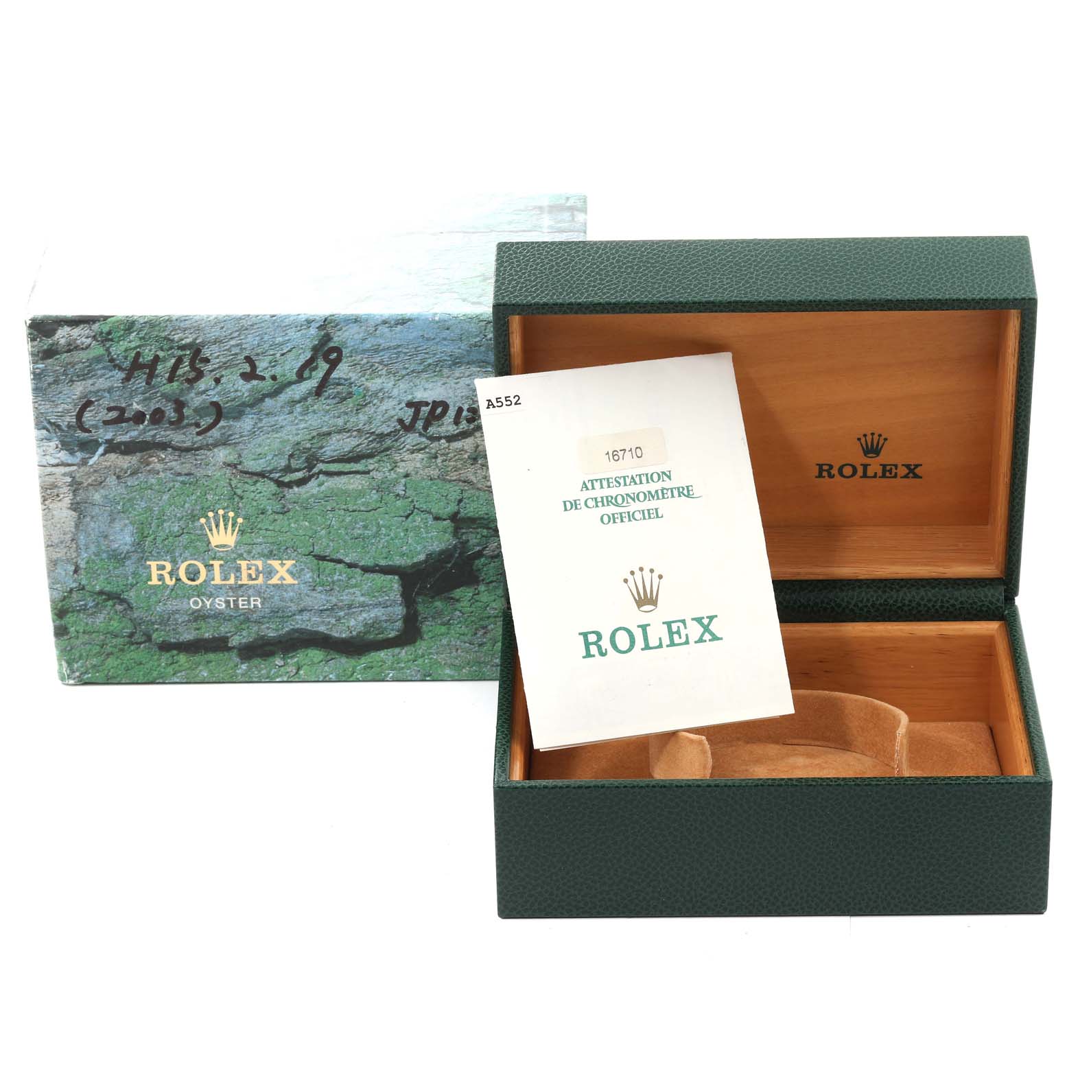 The image shows the packaging and documentation for a Rolex GMT-Master 16710 Men
s Stainless Steel Black Dial 16710 Men
s Stainless Steel Black Dial, including an open green box and a certificate.