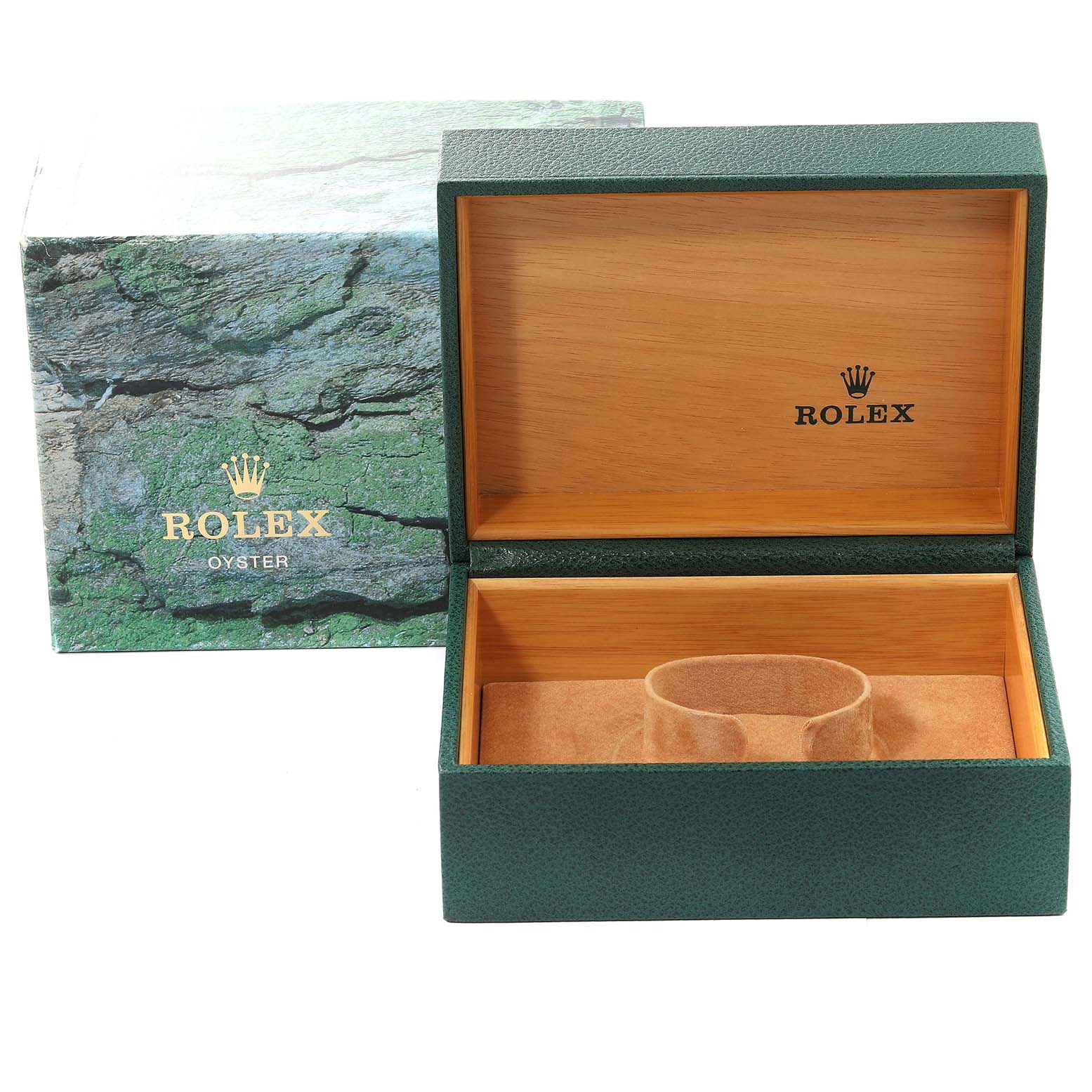 The image shows a Rolex GMT-Master 16713 Men's Steel and Gold (two tone) Brown Dial 16713 Men's Steel and Gold (two tone) Brown Dial watch box and its packaging, with the box open to reveal the interior.