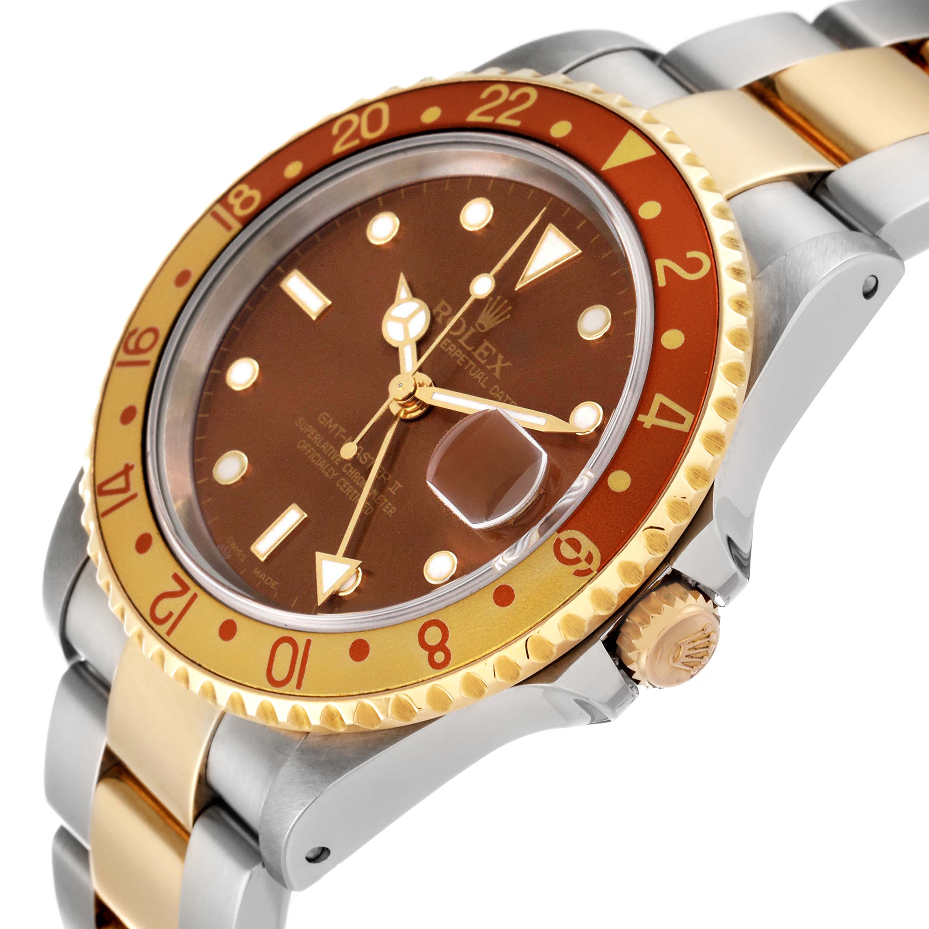 This image shows a close-up side angle of the Rolex GMT-Master 16713 Men's Steel and Gold (two tone) Brown Dial 16713 Men's Steel and Gold (two tone) Brown Dial watch, highlighting the brown dial, gold bezel, and part of the bracelet.
