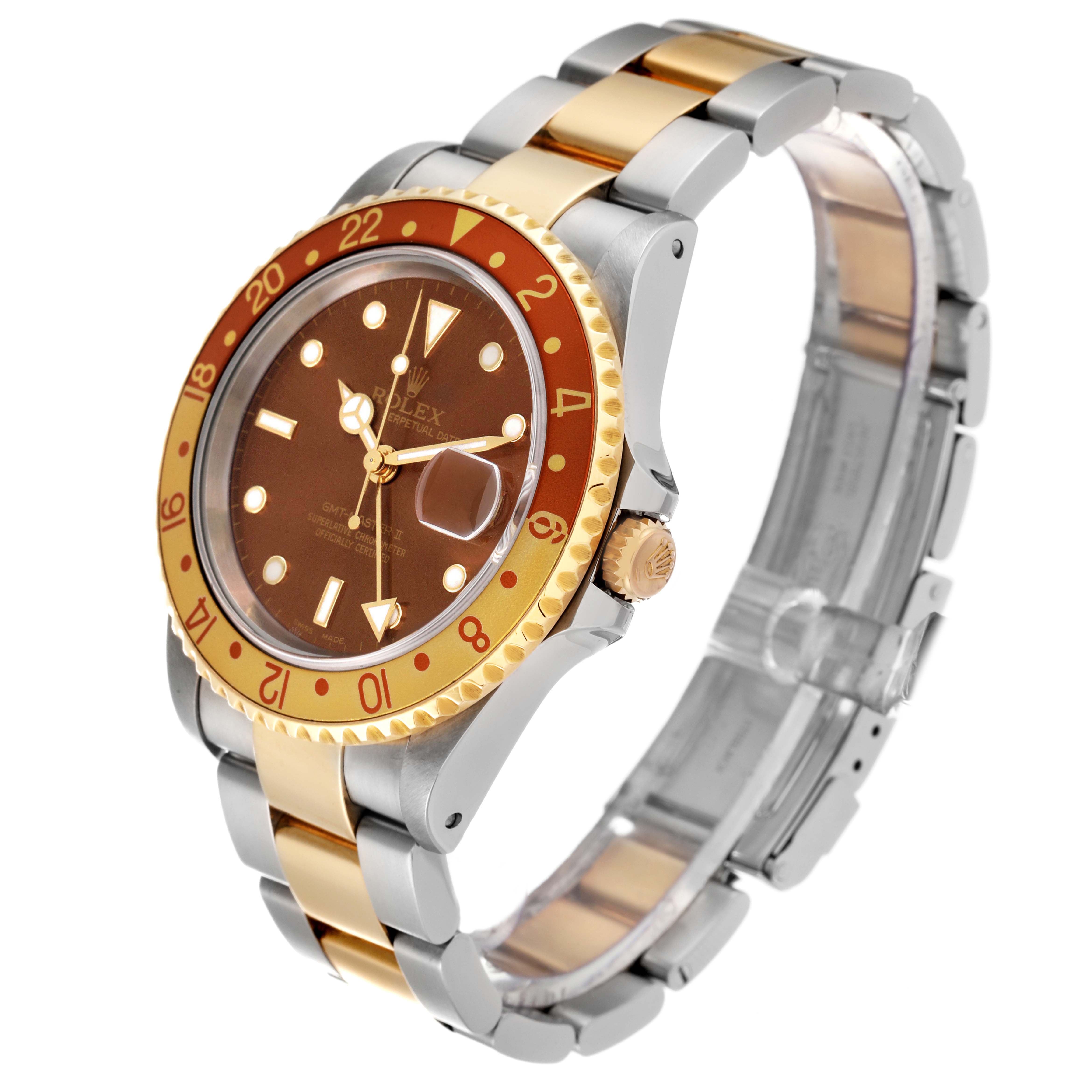 The Rolex GMT-Master 16713 Men's Steel and Gold (two tone) Brown Dial 16713 Men's Steel and Gold (two tone) Brown Dial watch is shown at a three-quarter angle, displaying the bracelet, bezel, dial, and crown.