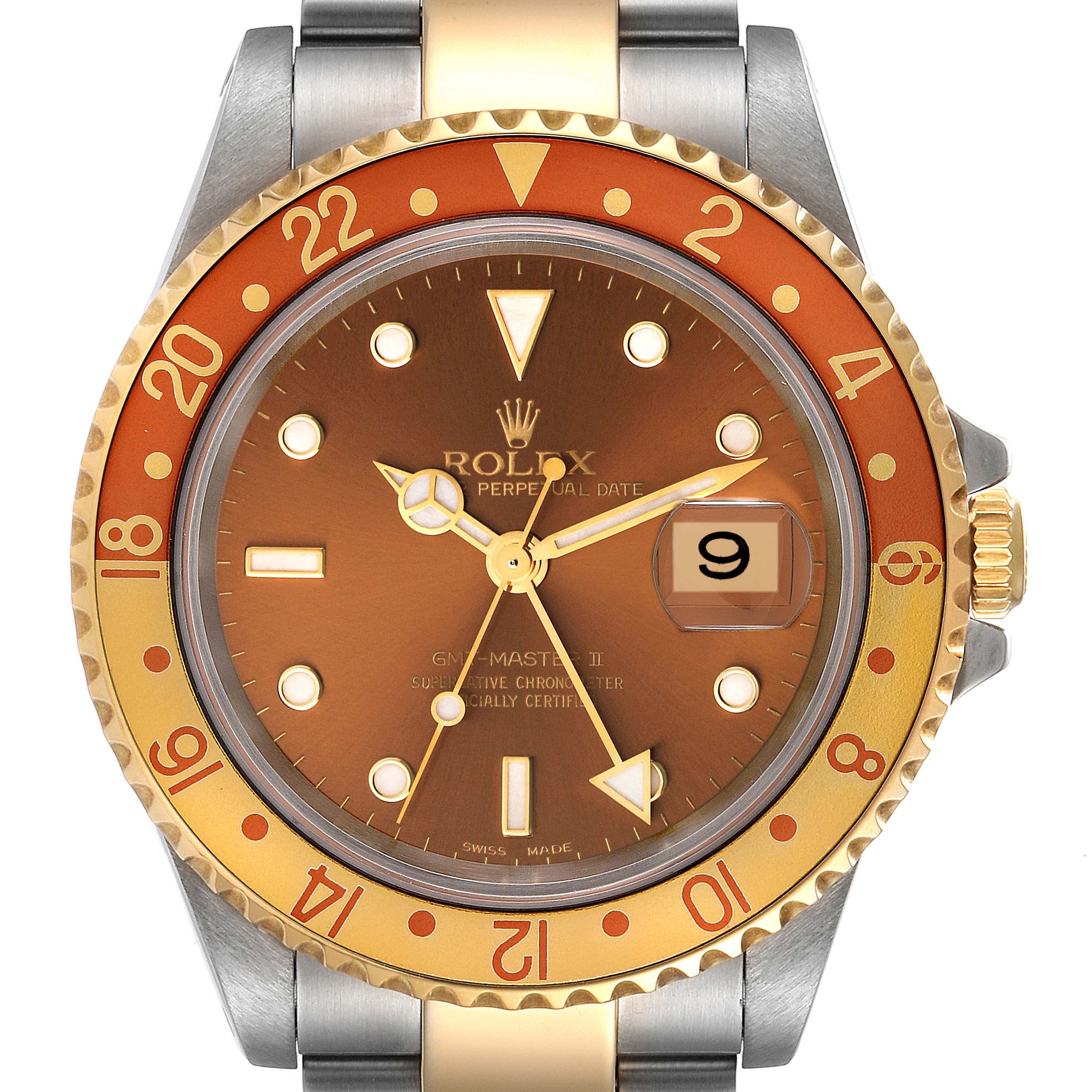 The Rolex GMT-Master 16713 Men's Steel and Gold (two tone) Brown Dial 16713 Men's Steel and Gold (two tone) Brown Dial watch is shown from a front angle, displaying its brown bezel, face, and date window.