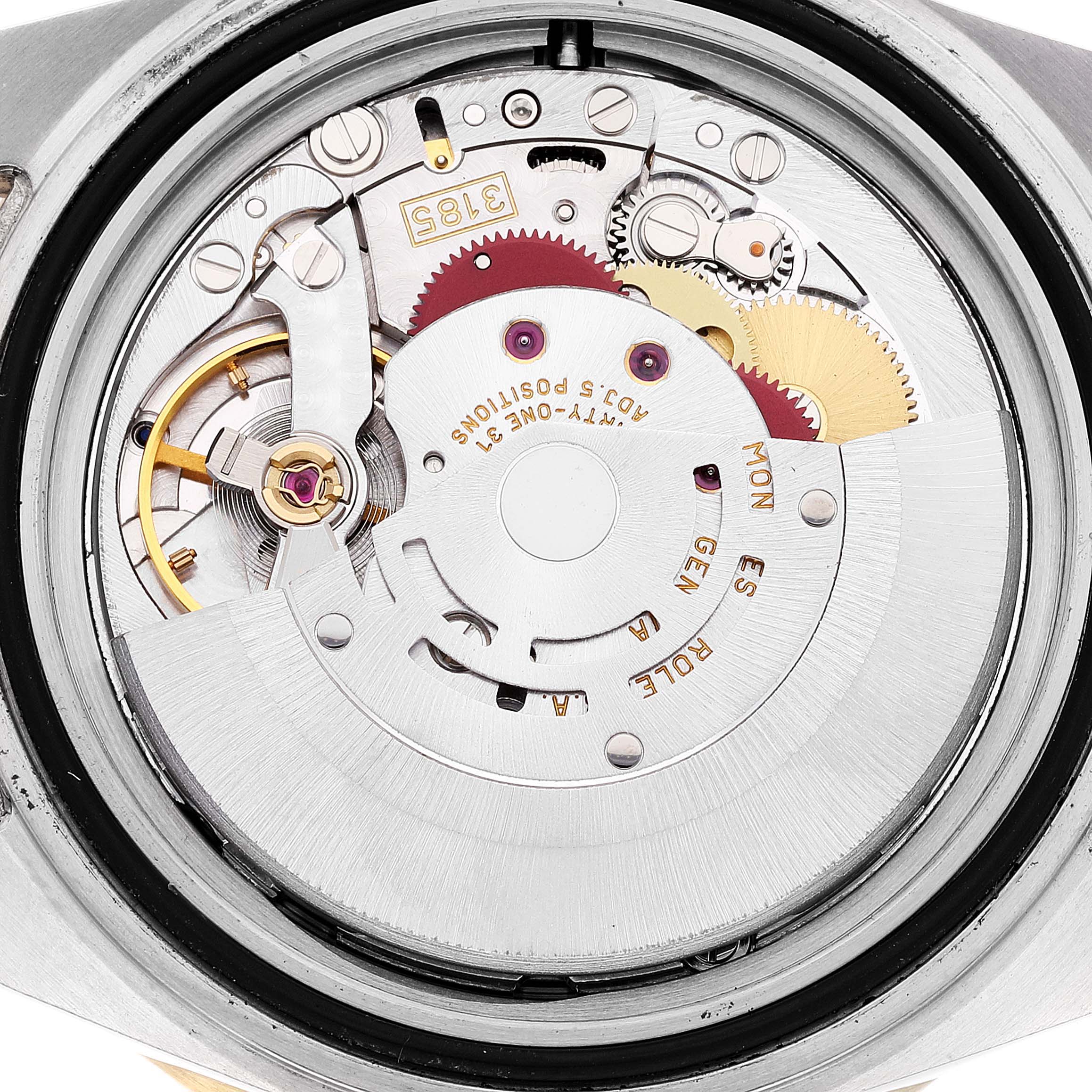 This image shows the internal mechanical movement of a Rolex GMT-Master 16713 Men's Steel and Gold (two tone) Brown Dial 16713 Men's Steel and Gold (two tone) Brown Dial watch, viewed from the back.