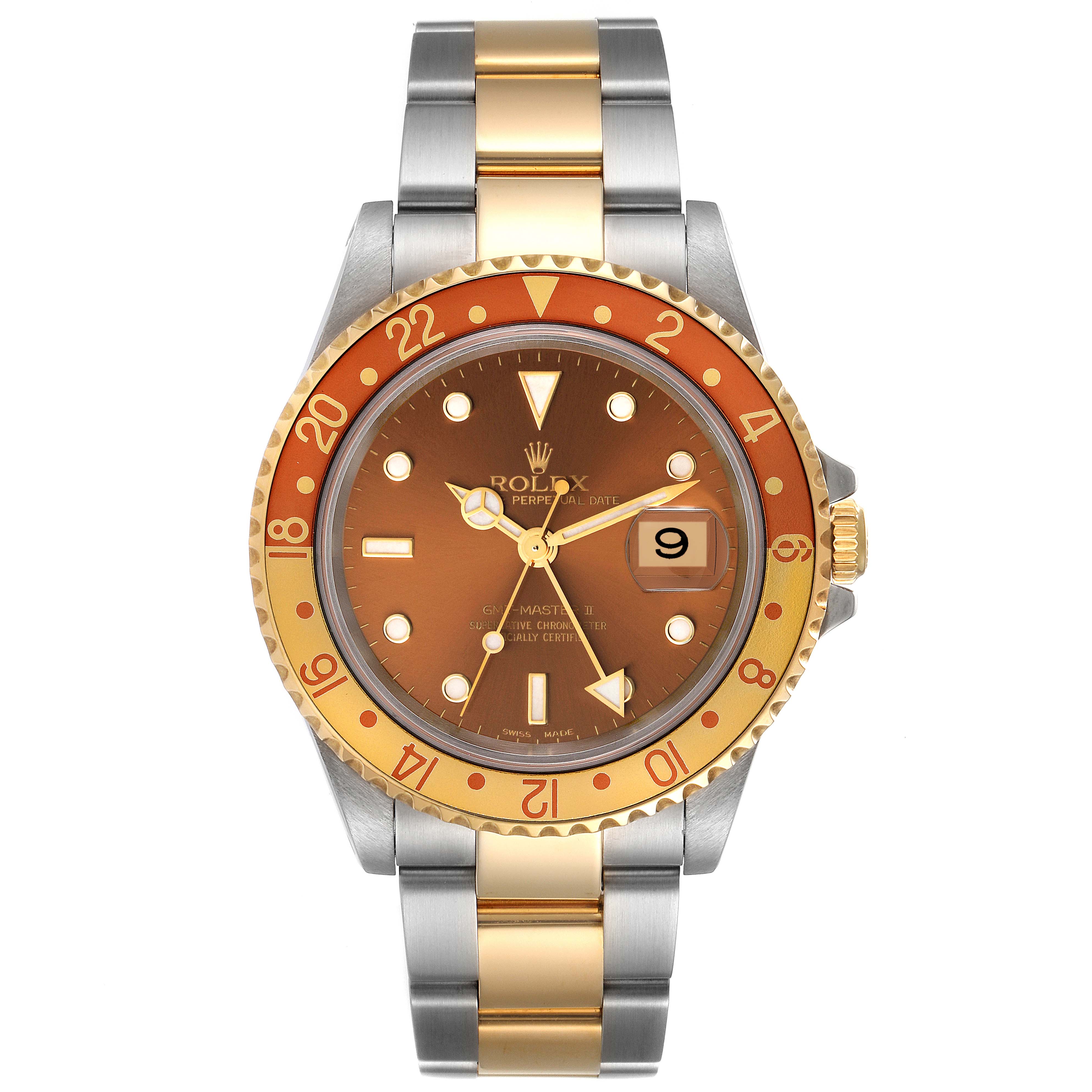 The Rolex GMT-Master 16713 Men's Steel and Gold (two tone) Brown Dial 16713 Men's Steel and Gold (two tone) Brown Dial watch is shown from the front, highlighting its brown dial, bi-color bezel, and two-tone metal bracelet.