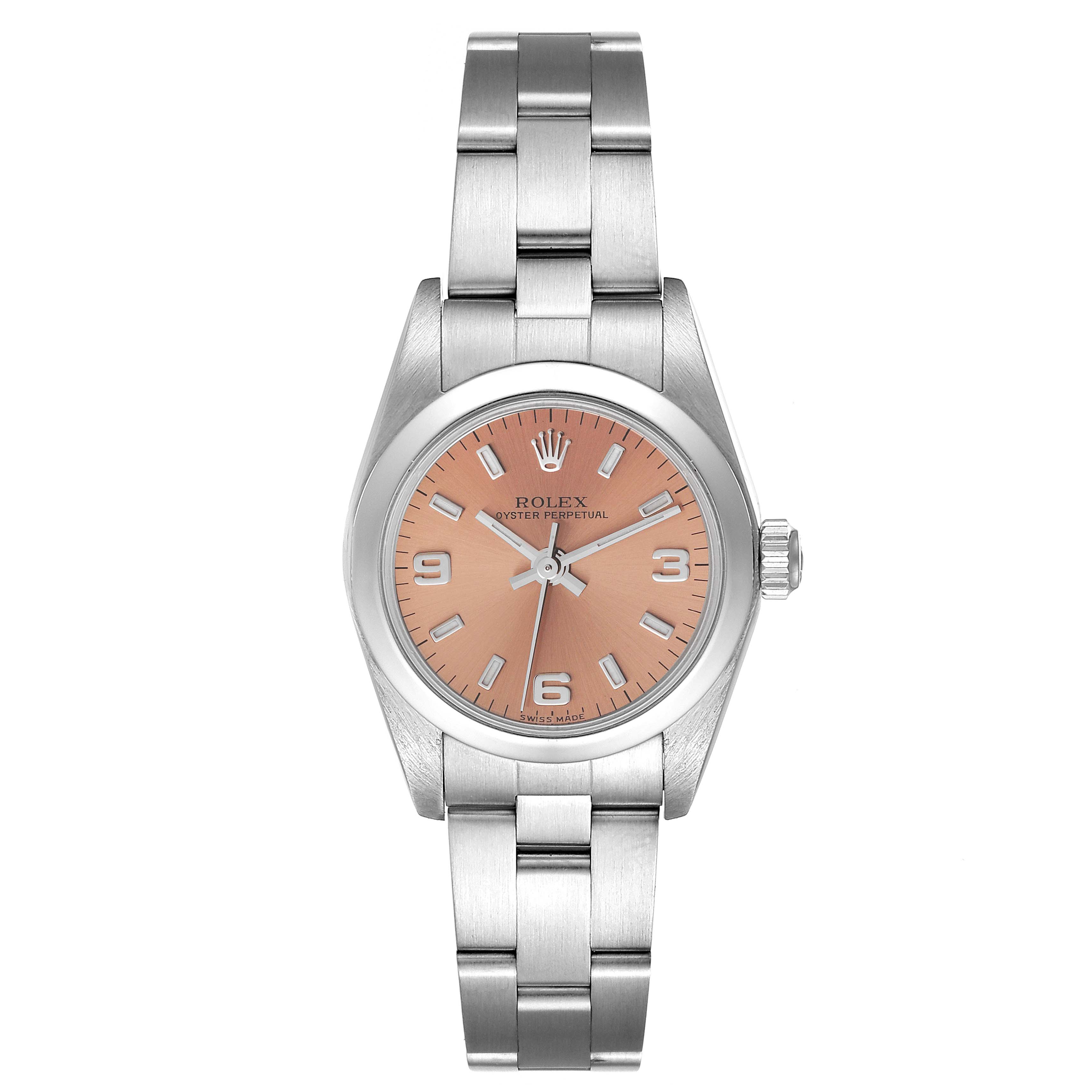 This image shows a front view of a Rolex Oyster Perpetual 76080 Women
s Stainless Steel Pink Dial 76080 Women
s Stainless Steel Pink Dial watch, displaying its pink dial, stainless steel case, and bracelet.