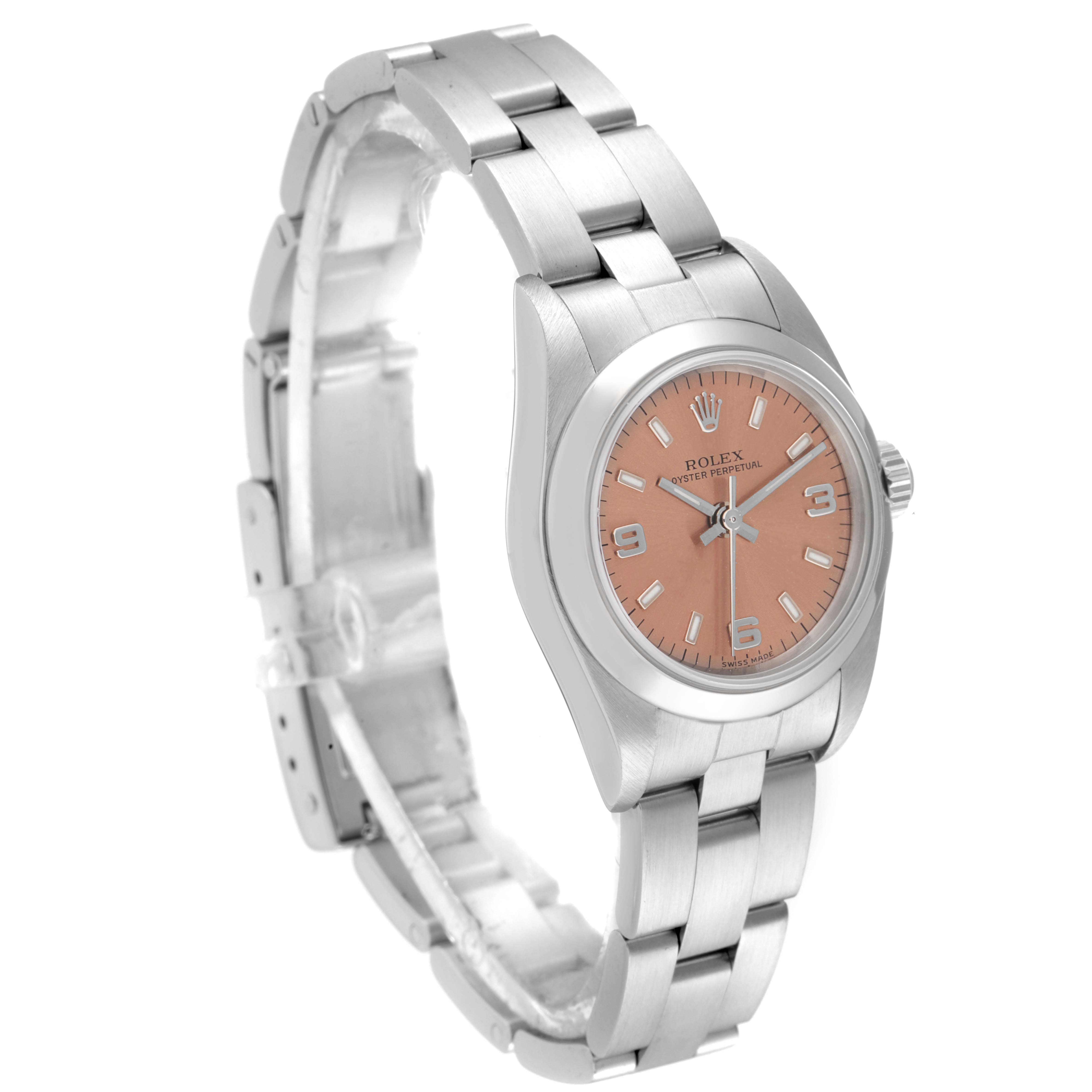 The image shows a Rolex Oyster Perpetual 76080 Women
s Stainless Steel Pink Dial 76080 Women
s Stainless Steel Pink Dial watch at a three-quarter angle, highlighting the bracelet, case, and dial.